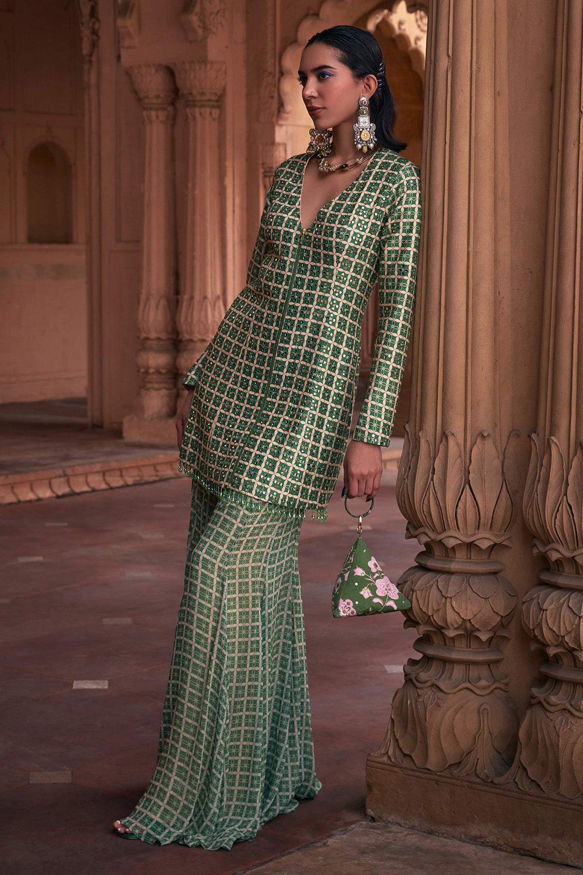 SAGE GREEN GRID PRINT & HIGHLIGHTED JACKET SET