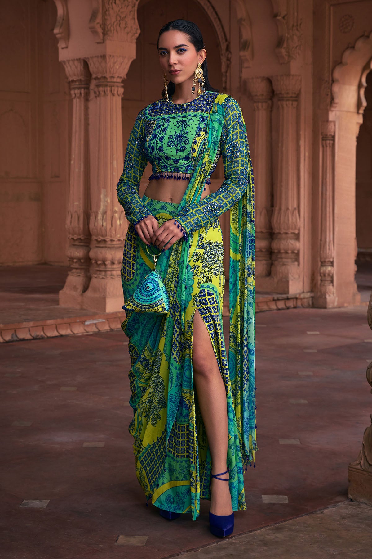 LIME YELLOW THIKRI PRINT & HIGHLIGHTED SAREE SET