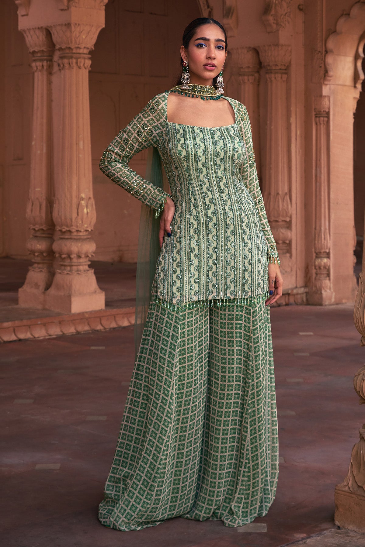 SAGE GREEN GRID PRINT & HIGHLIGHTED KURTI SET