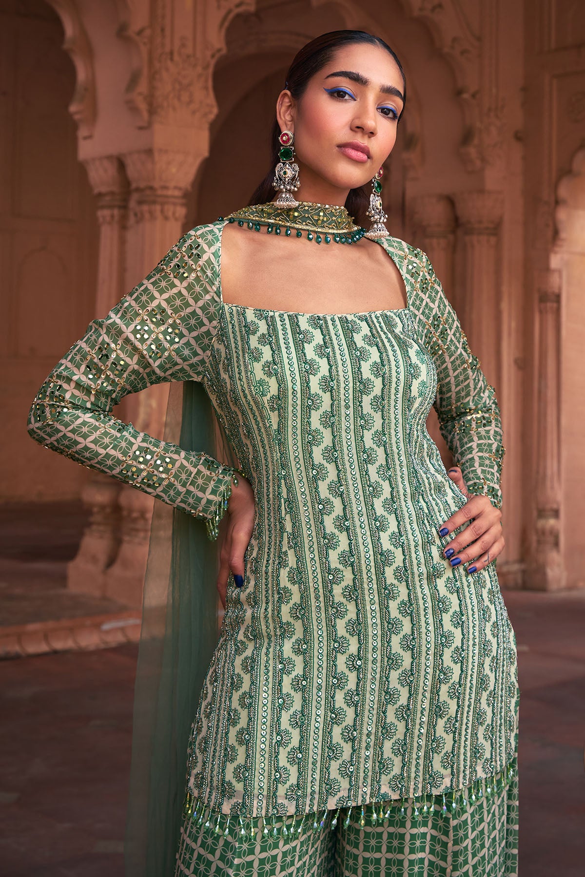 SAGE GREEN GRID PRINT & HIGHLIGHTED KURTI SET