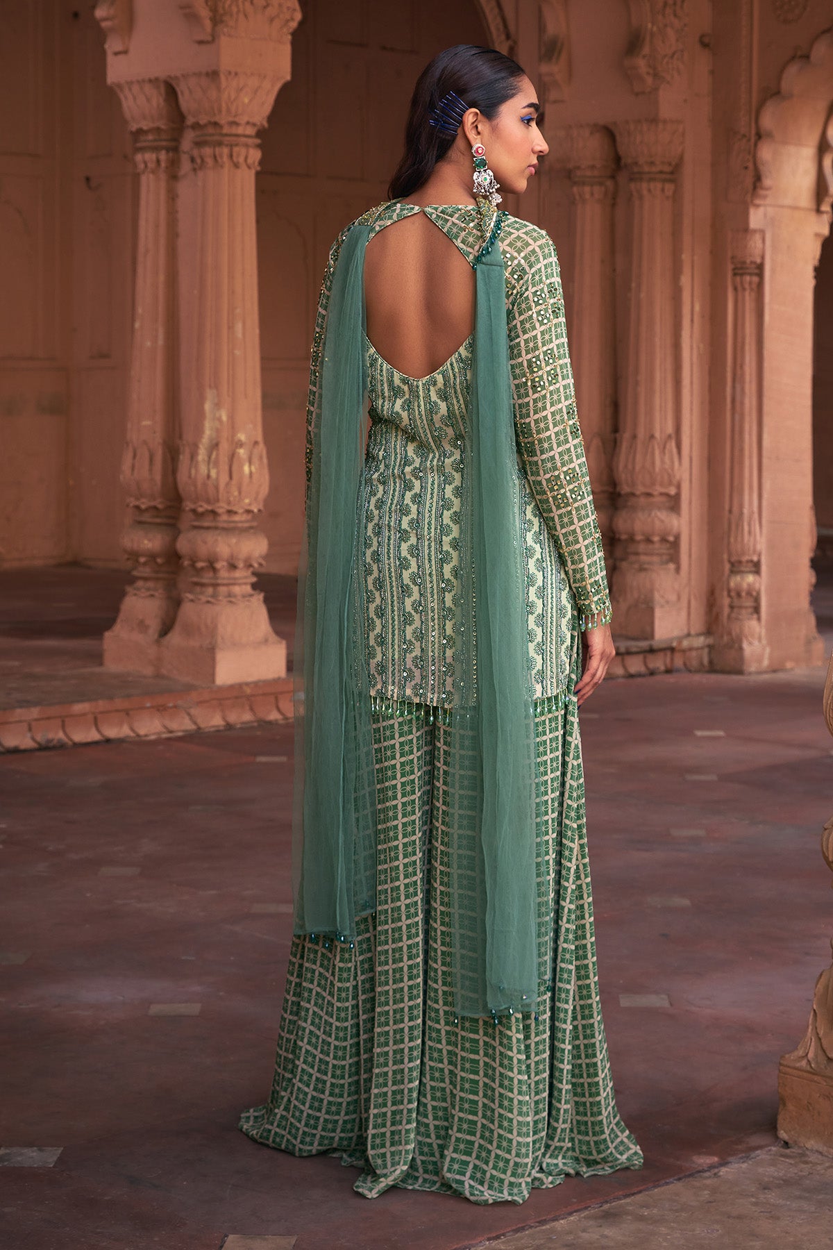 SAGE GREEN GRID PRINT & HIGHLIGHTED KURTI SET