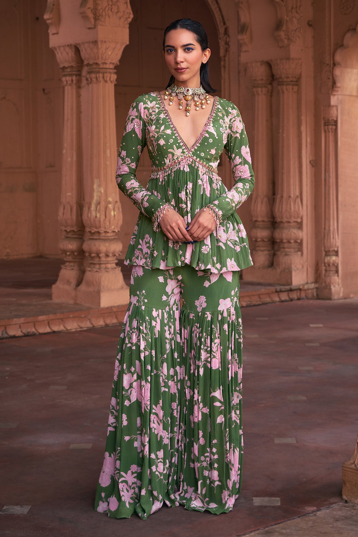 SAGE GREEN FLORAL PRINT & HIGHLIGHTED PEPLUM SET