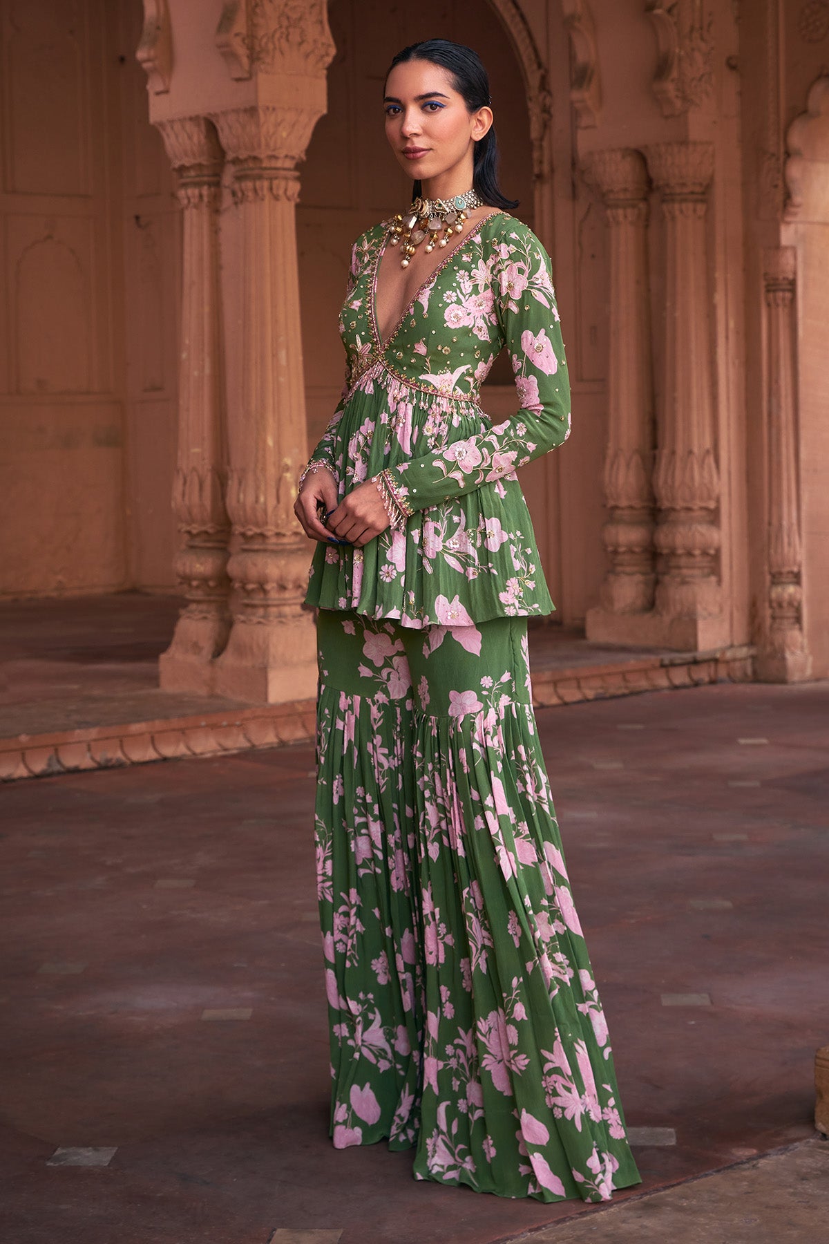 SAGE GREEN FLORAL PRINT & HIGHLIGHTED PEPLUM SET