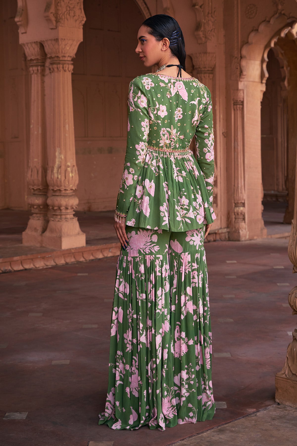 SAGE GREEN FLORAL PRINT & HIGHLIGHTED PEPLUM SET