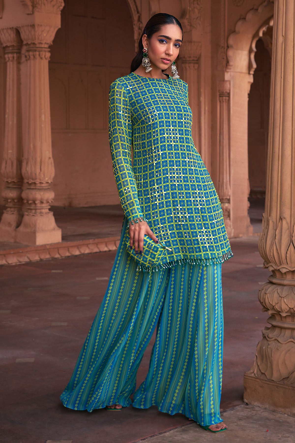 LIME YELLOW GRID PRINT & HIGHLIGHTED KURTI SET