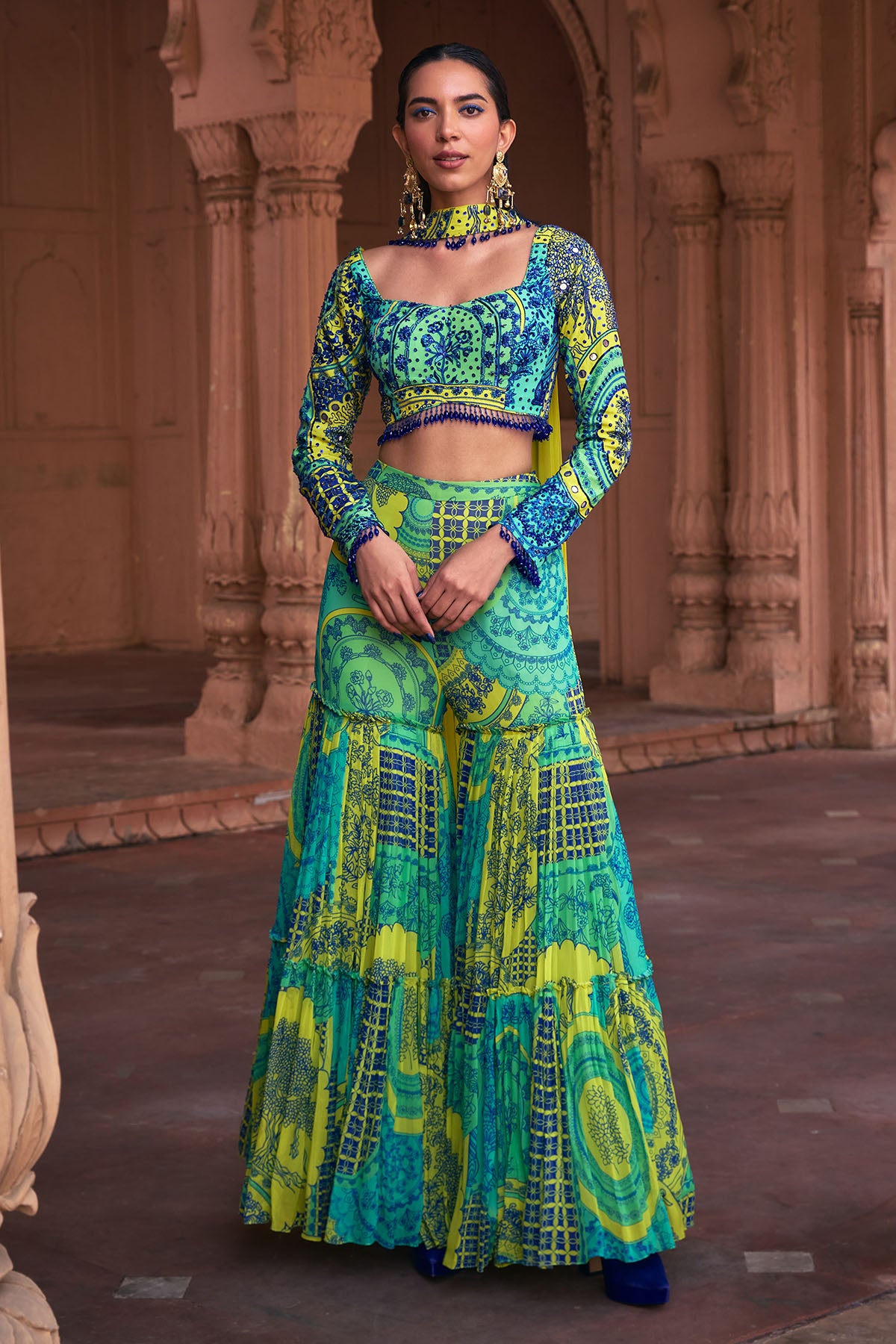 LIME YELLOW THIKRI PRINT HIGHLIGHTED CROP TOP SET