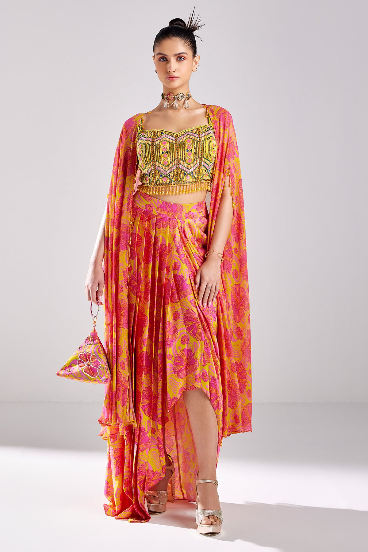 Pink Print & Embroidered Crop Top Skirt Set