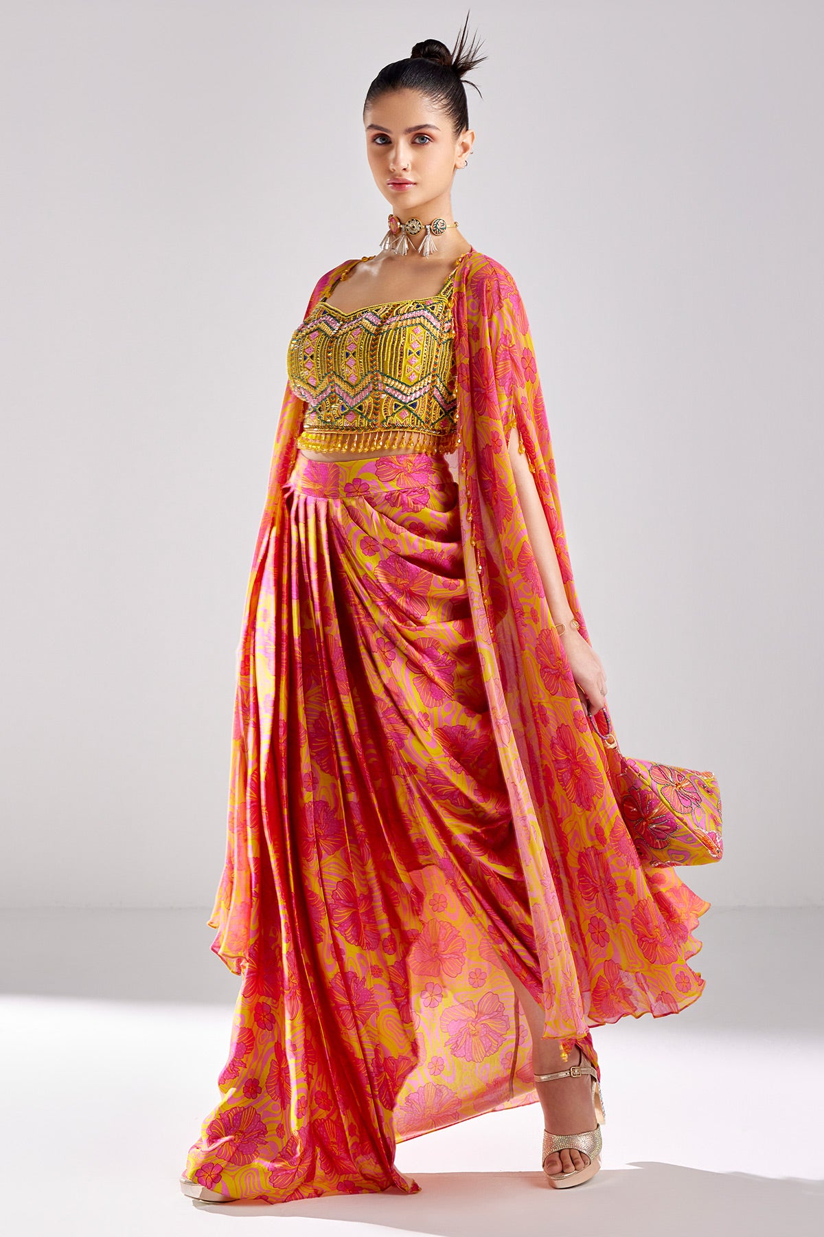 Pink Print & Embroidered Crop Top Skirt Set