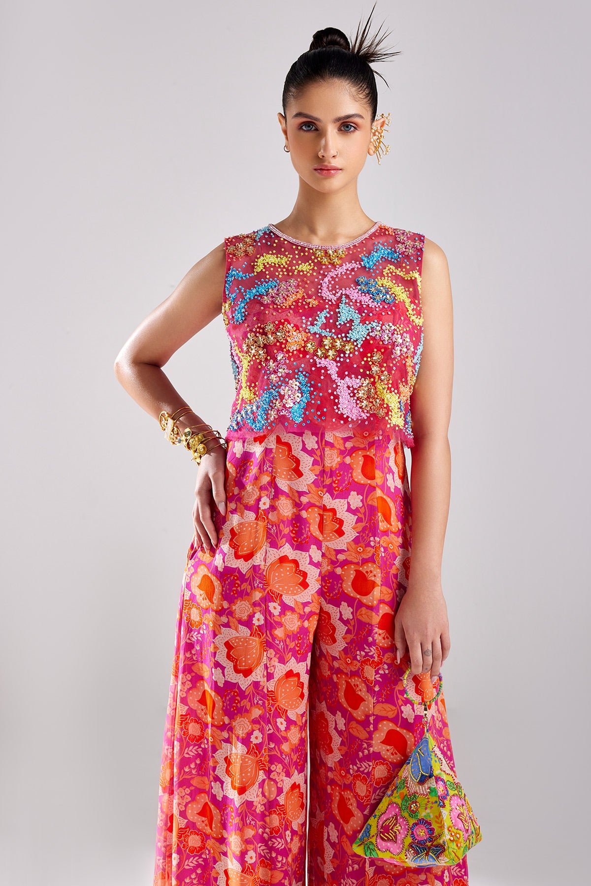 Fuschia Pink Print & Embroidered Jumpsuit Set