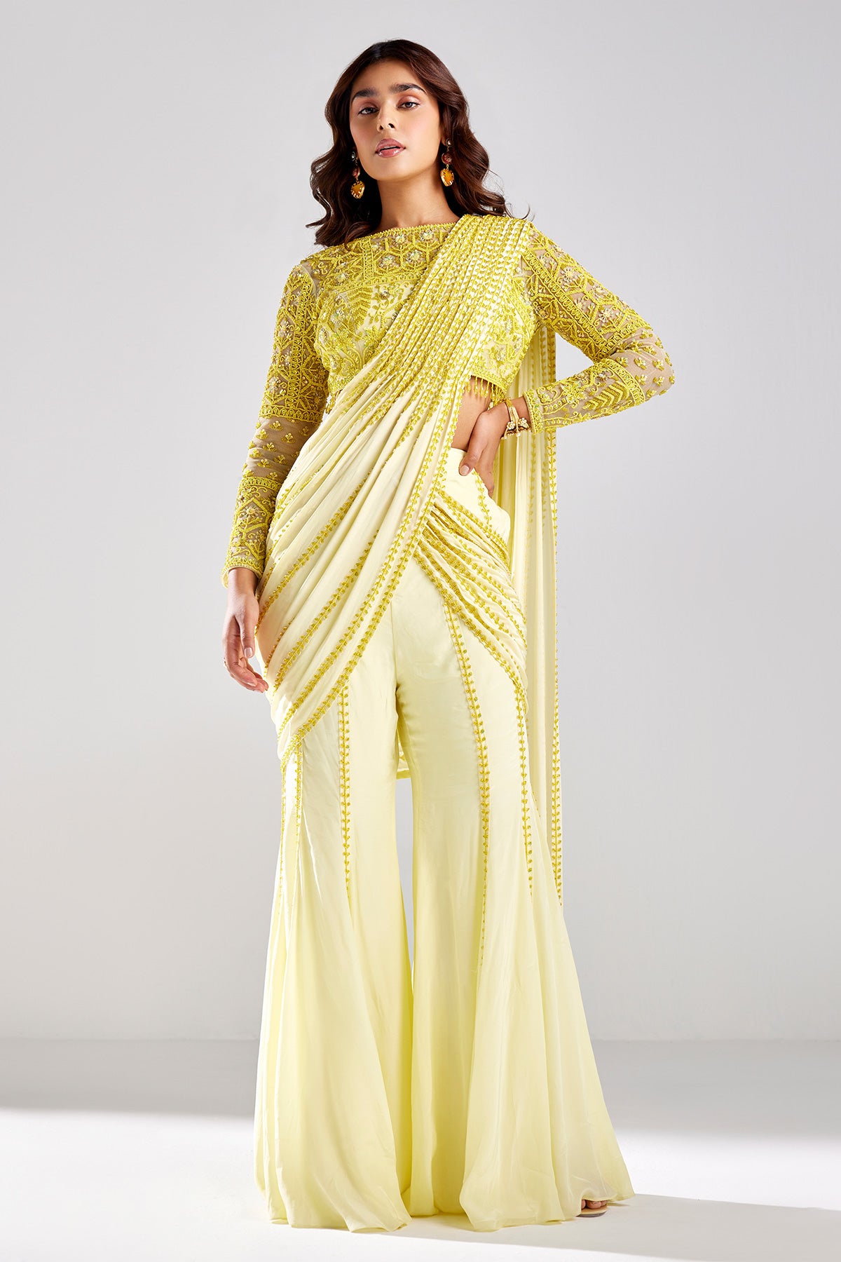 Pastel Yellow Embroidered Saree Set
