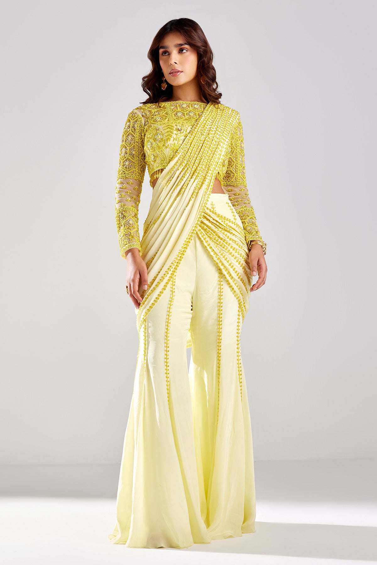 Pastel Yellow Embroidered Saree Set