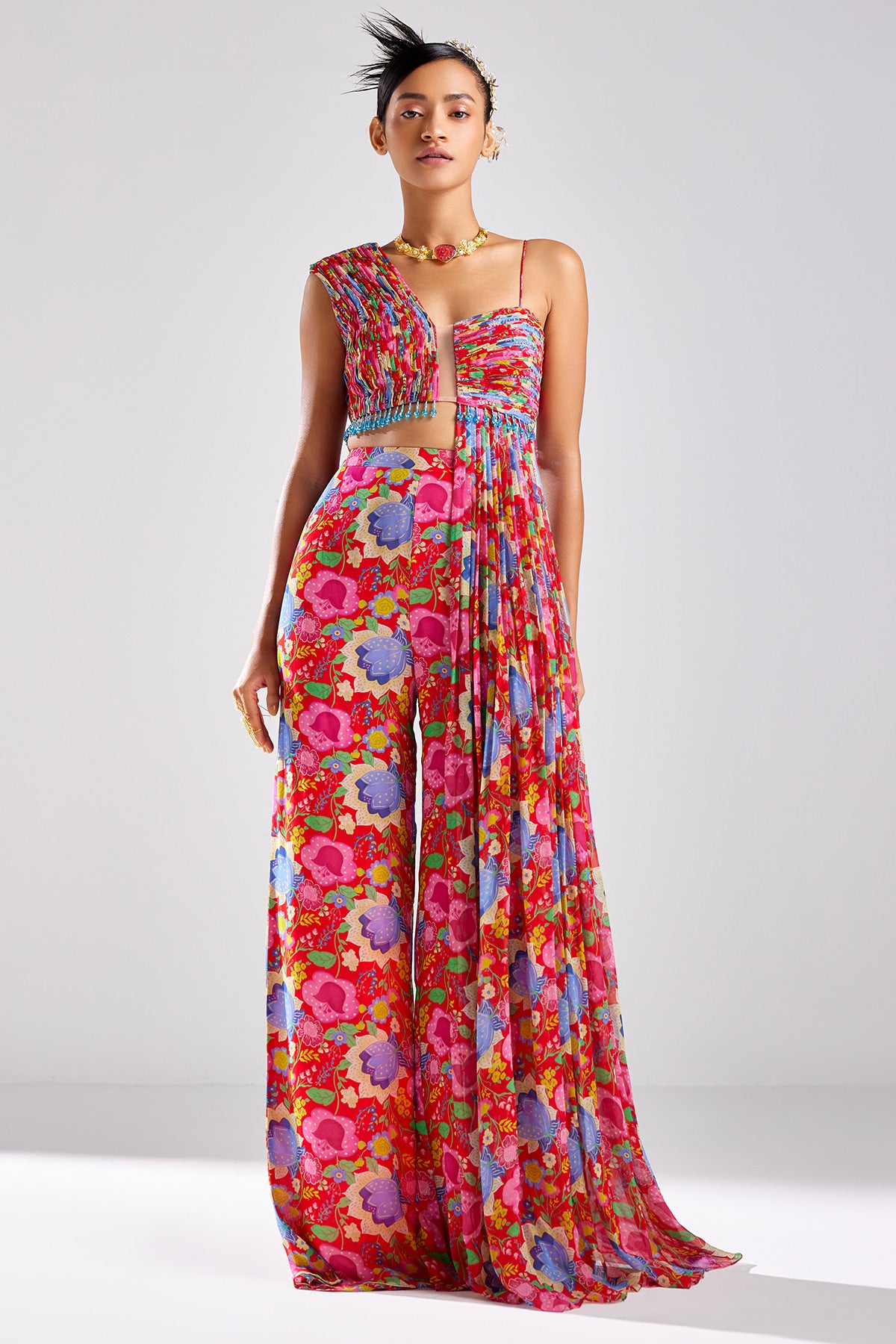 Red Print & Embroidered Crop Top Pants Set