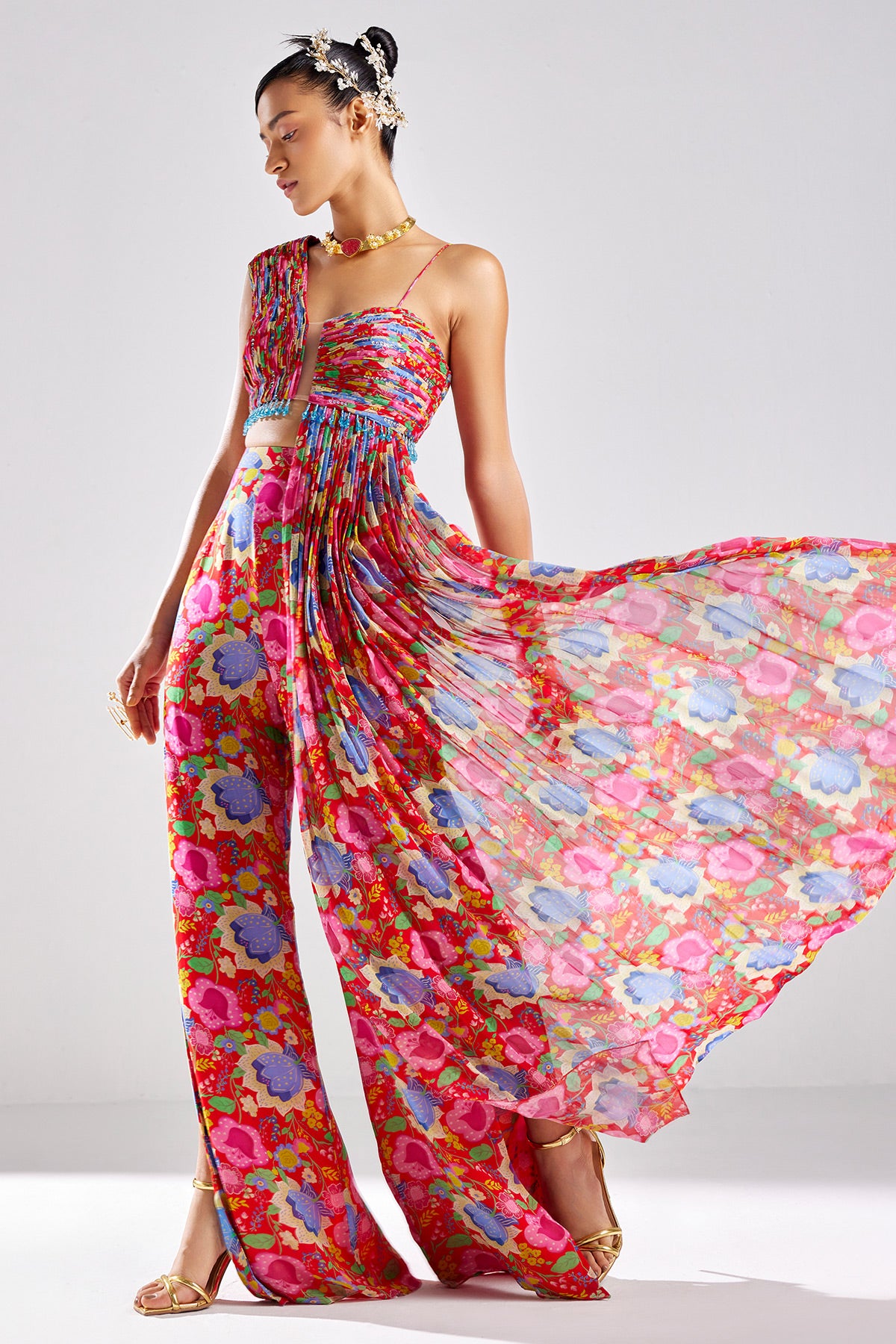 Red Print & Embroidered Crop Top Pants Set