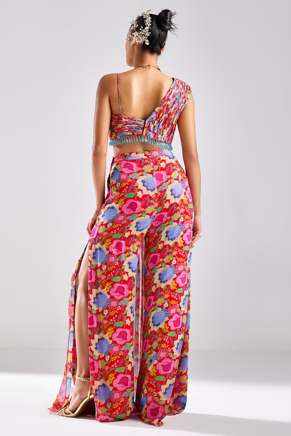 Red Print & Embroidered Crop Top Pants Set