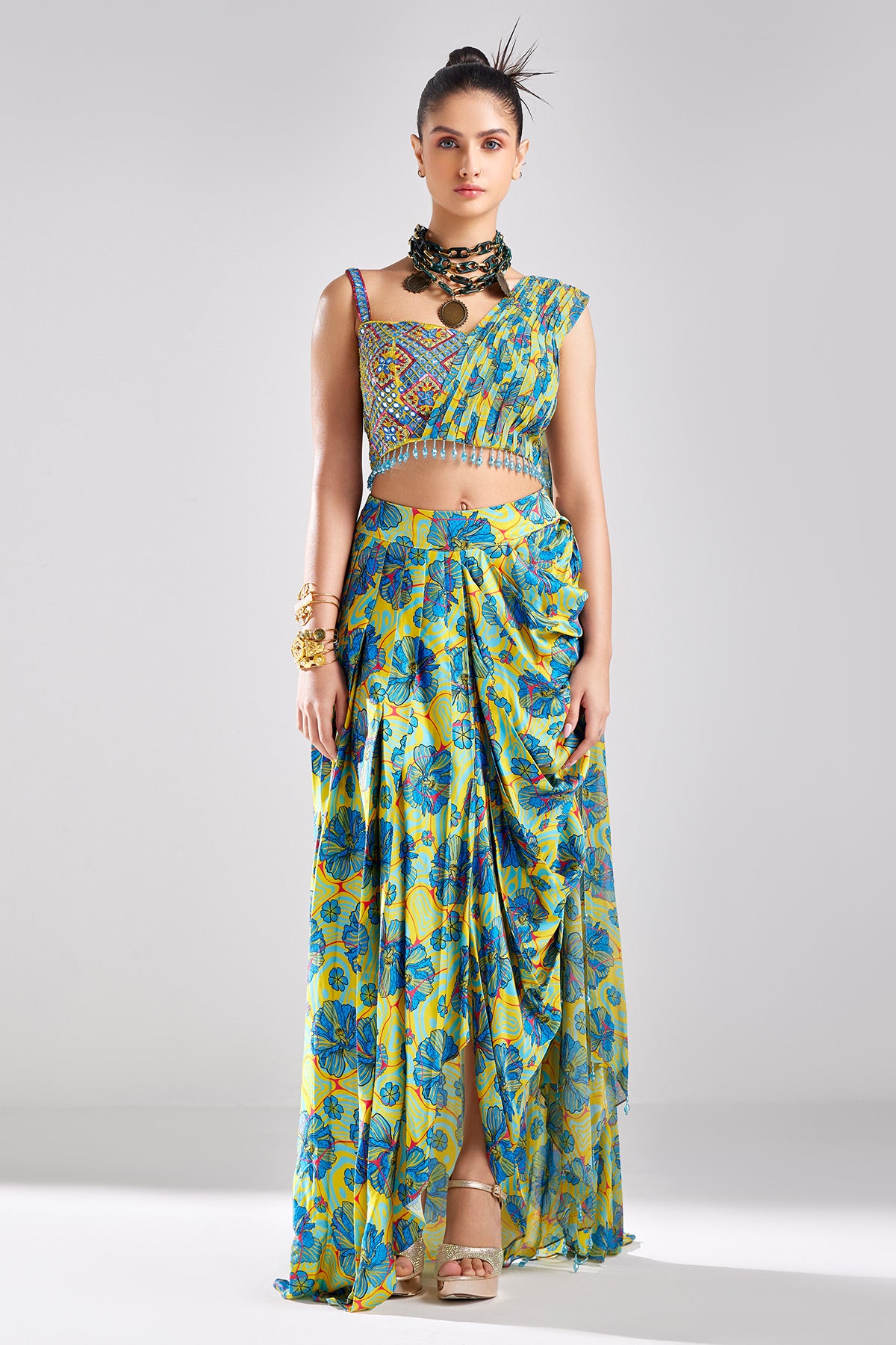 Blue Crop Top Asymetrical Skirt Set