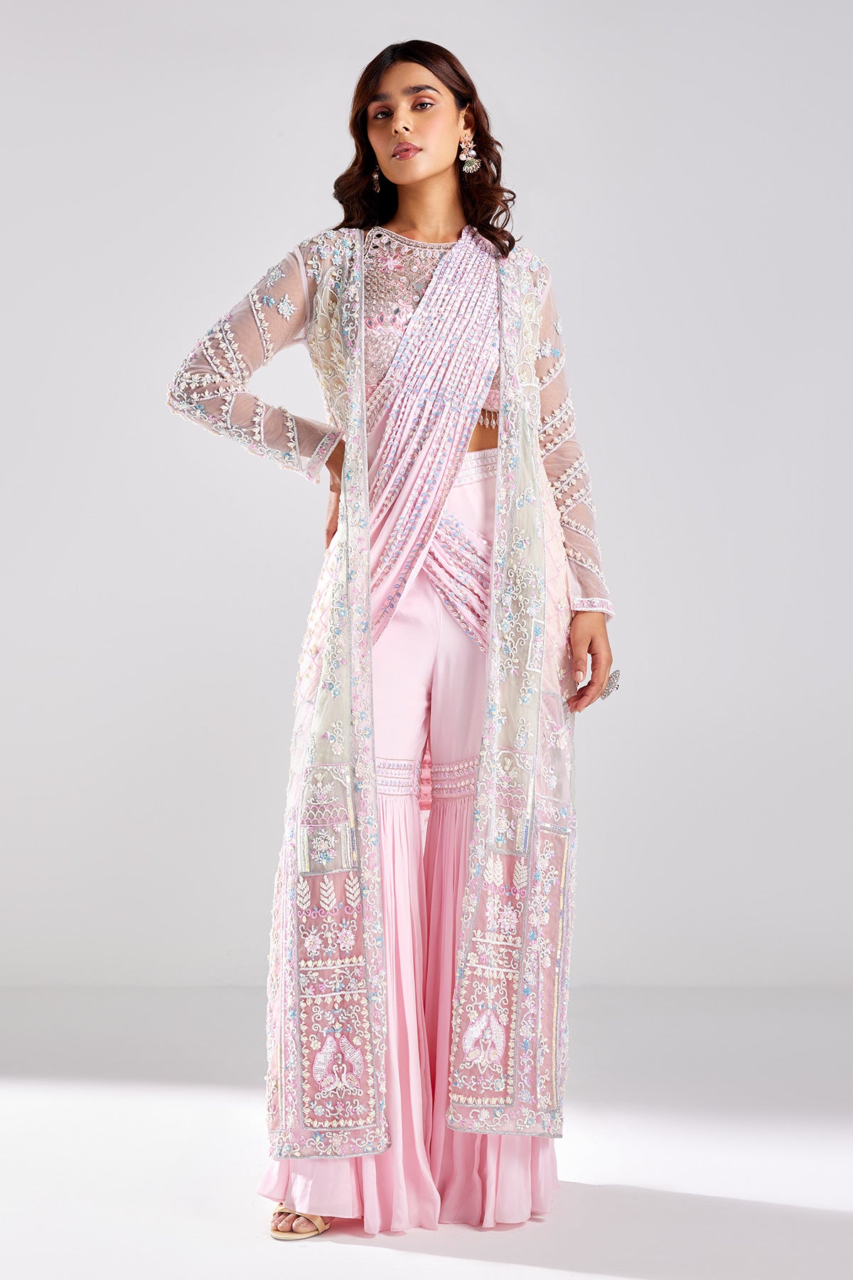 Blush Pink Embroidered Cape With Saree Set - Main Image