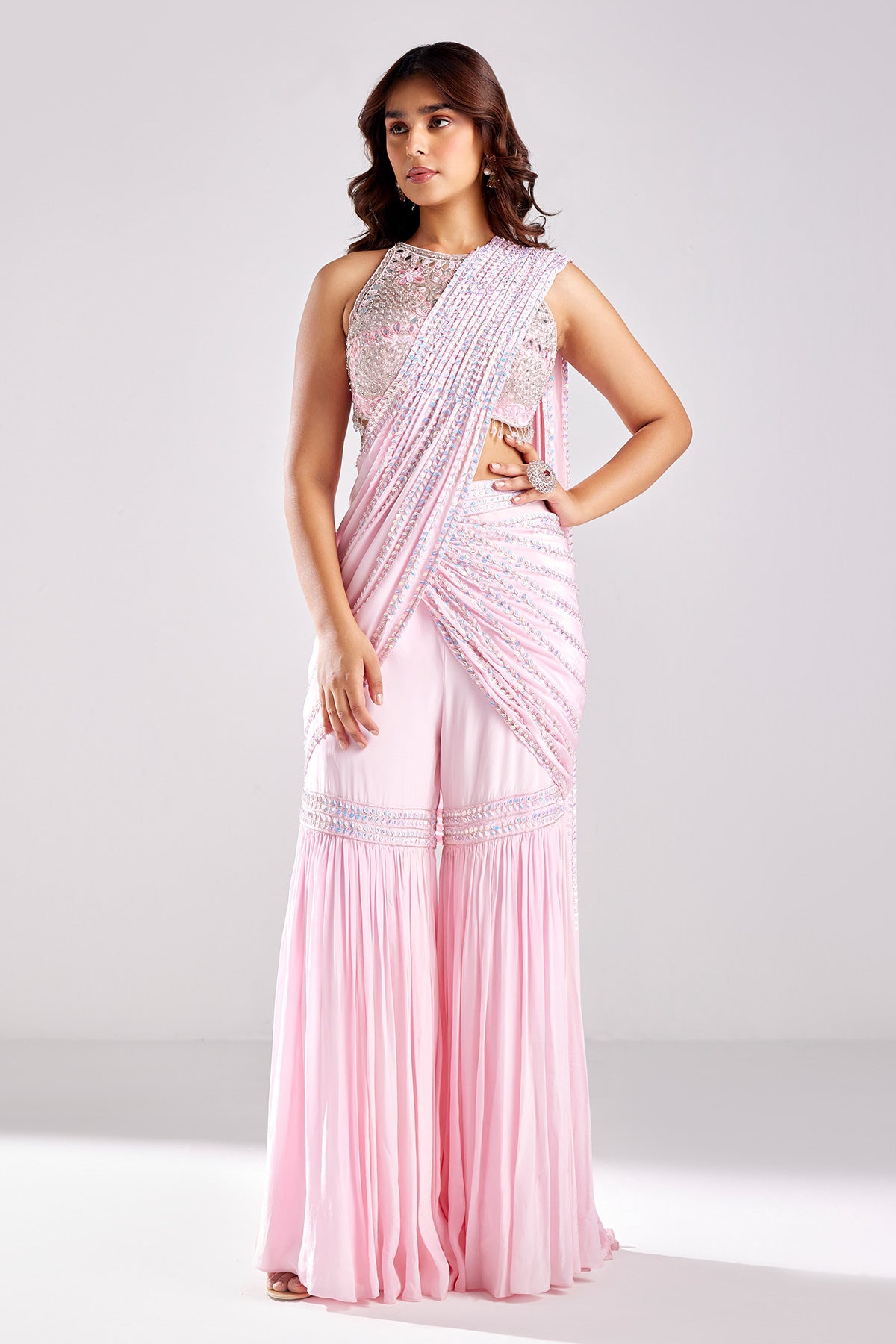 Blush Pink Embroidered Saree Set