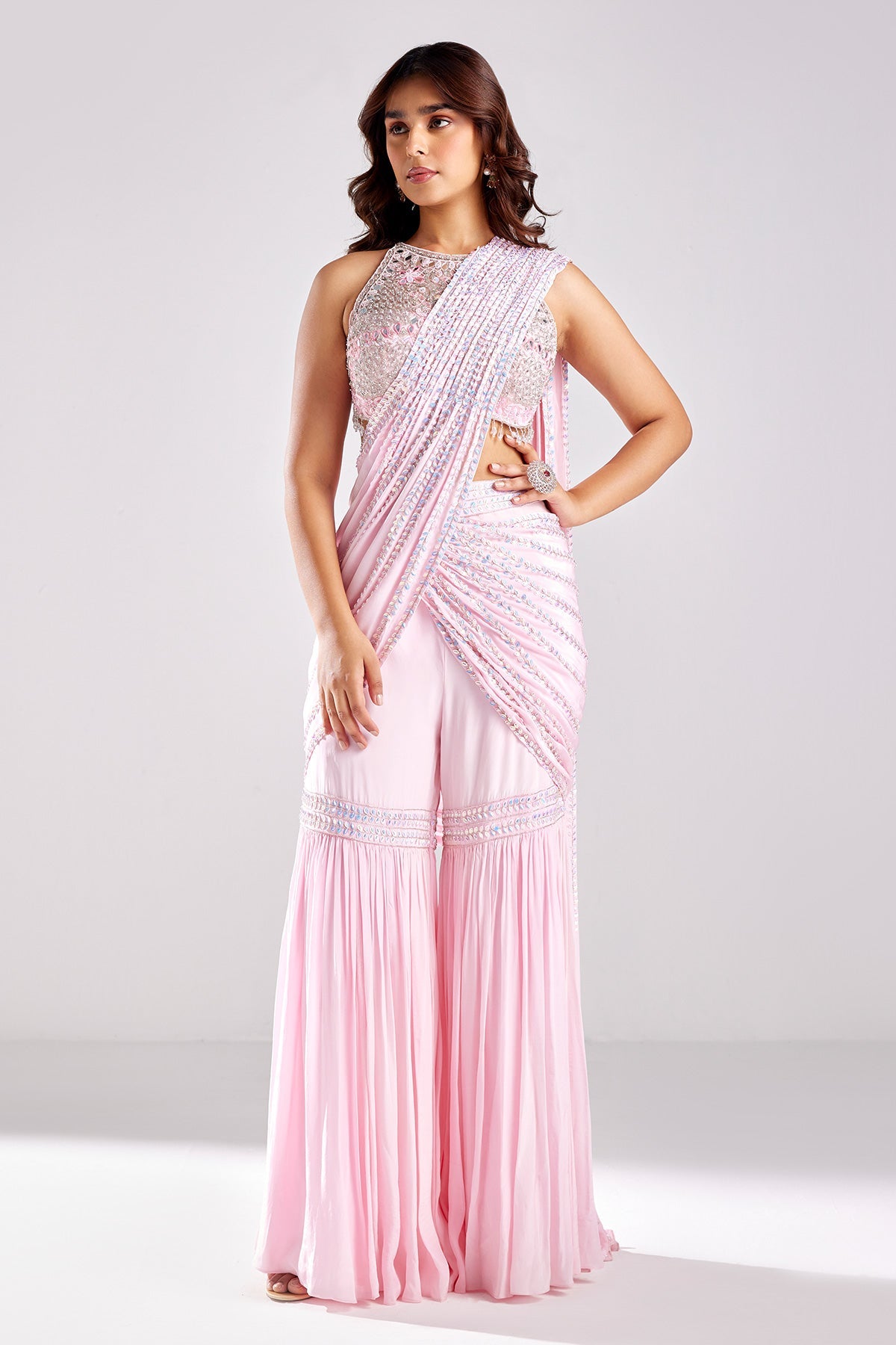 Blush Pink Embroidered Saree Set - RTS