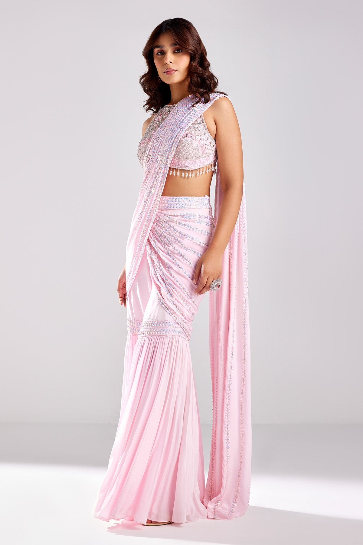 Blush Pink Embroidered Saree Set - RTS
