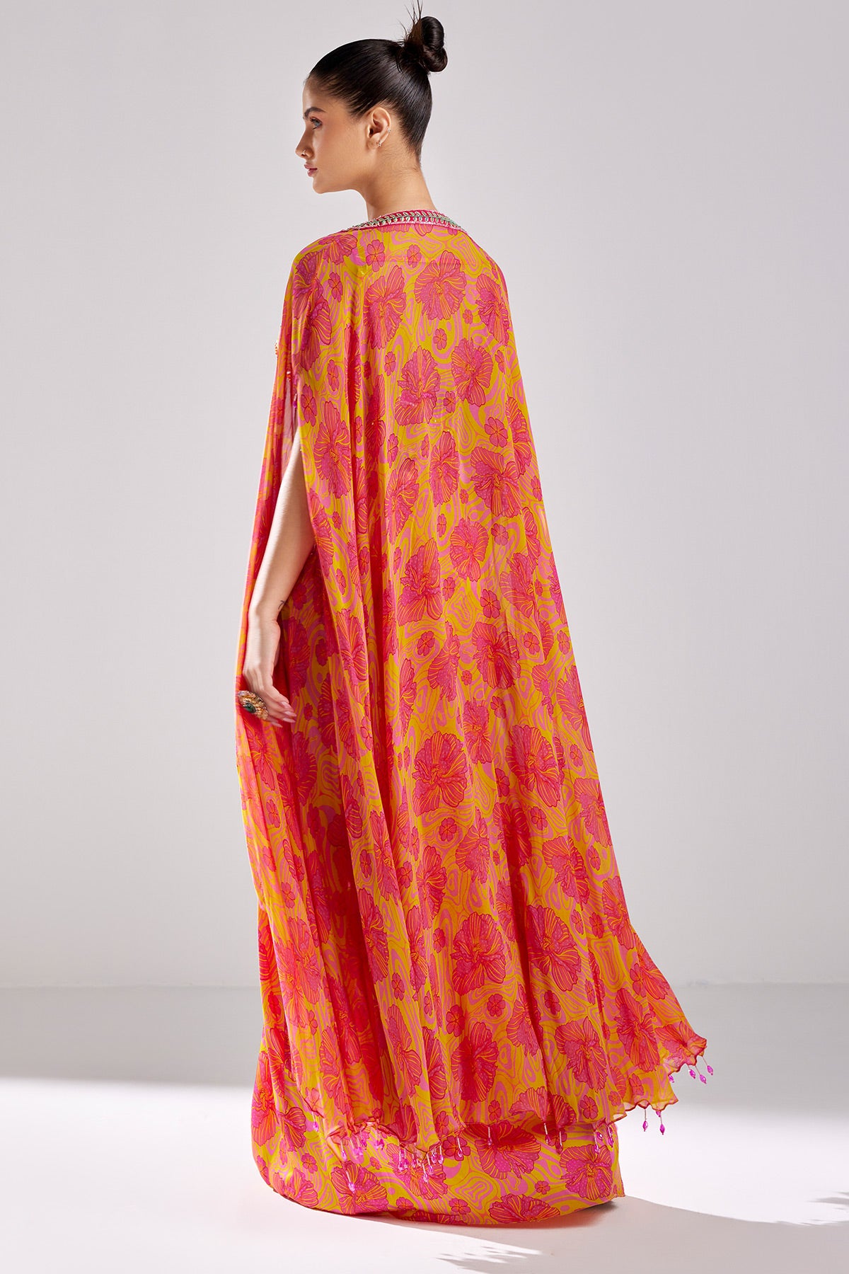 Pink Print & Embroidered Cape Set