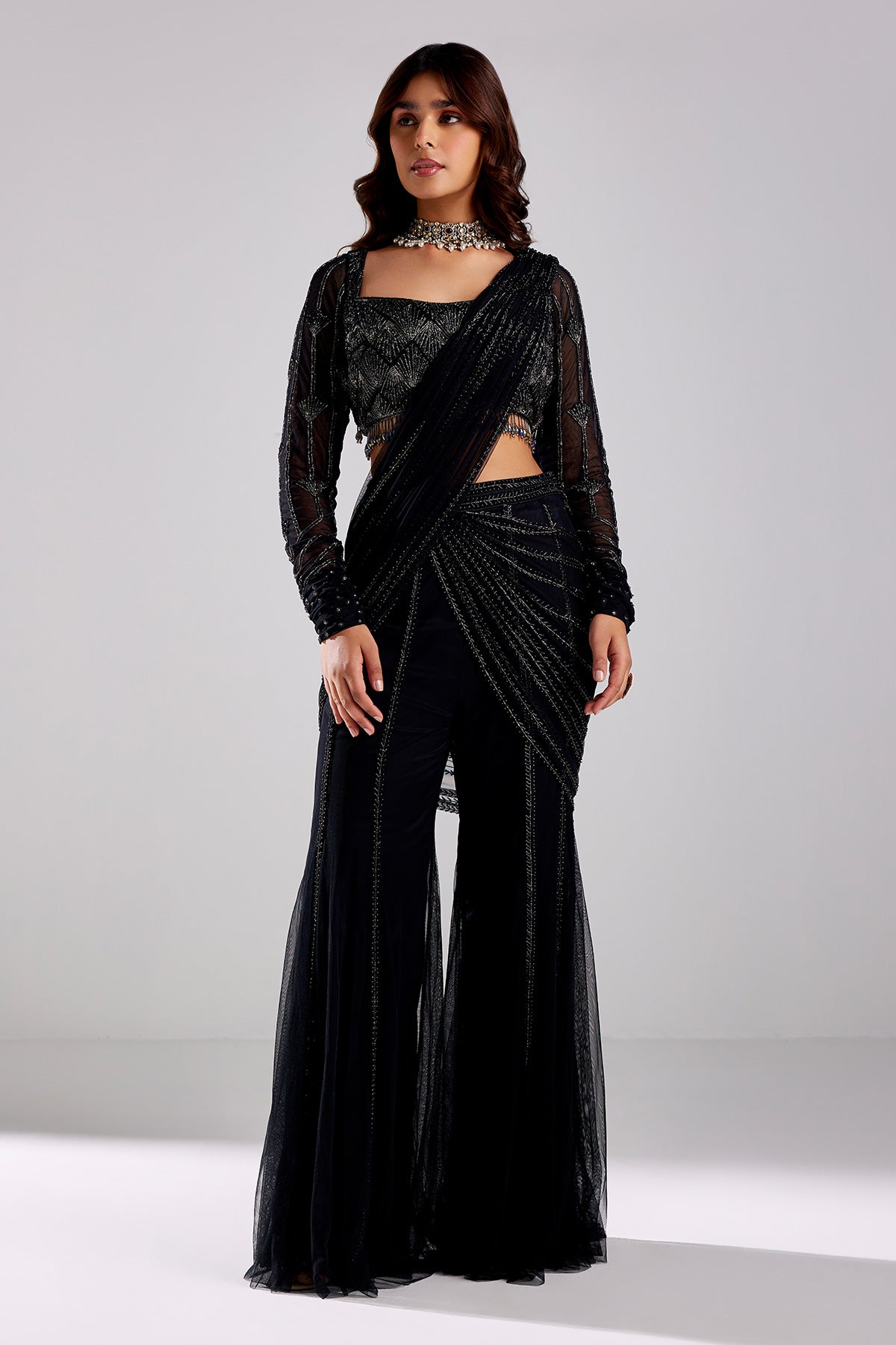 Black Embroidered Saree Set