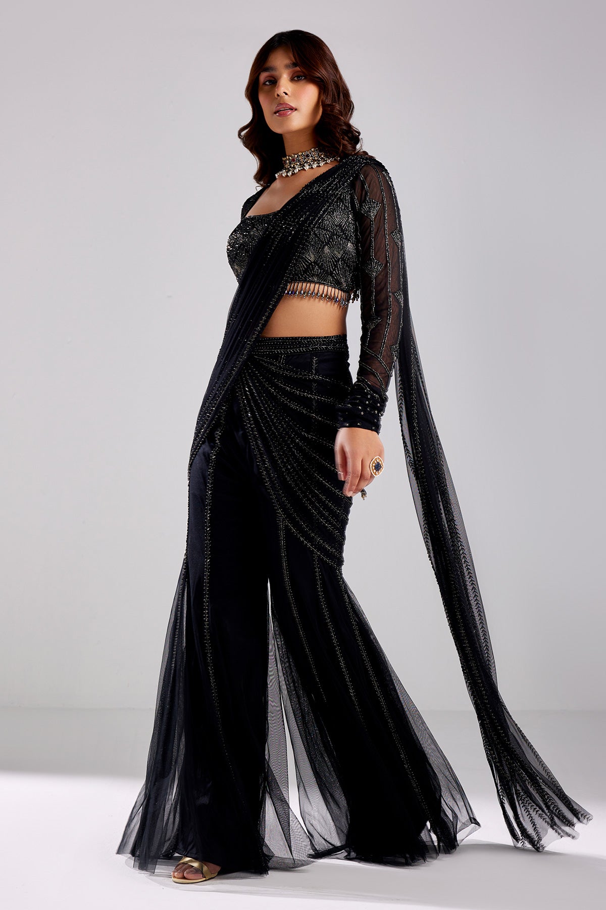 Black Embroidered Saree Set
