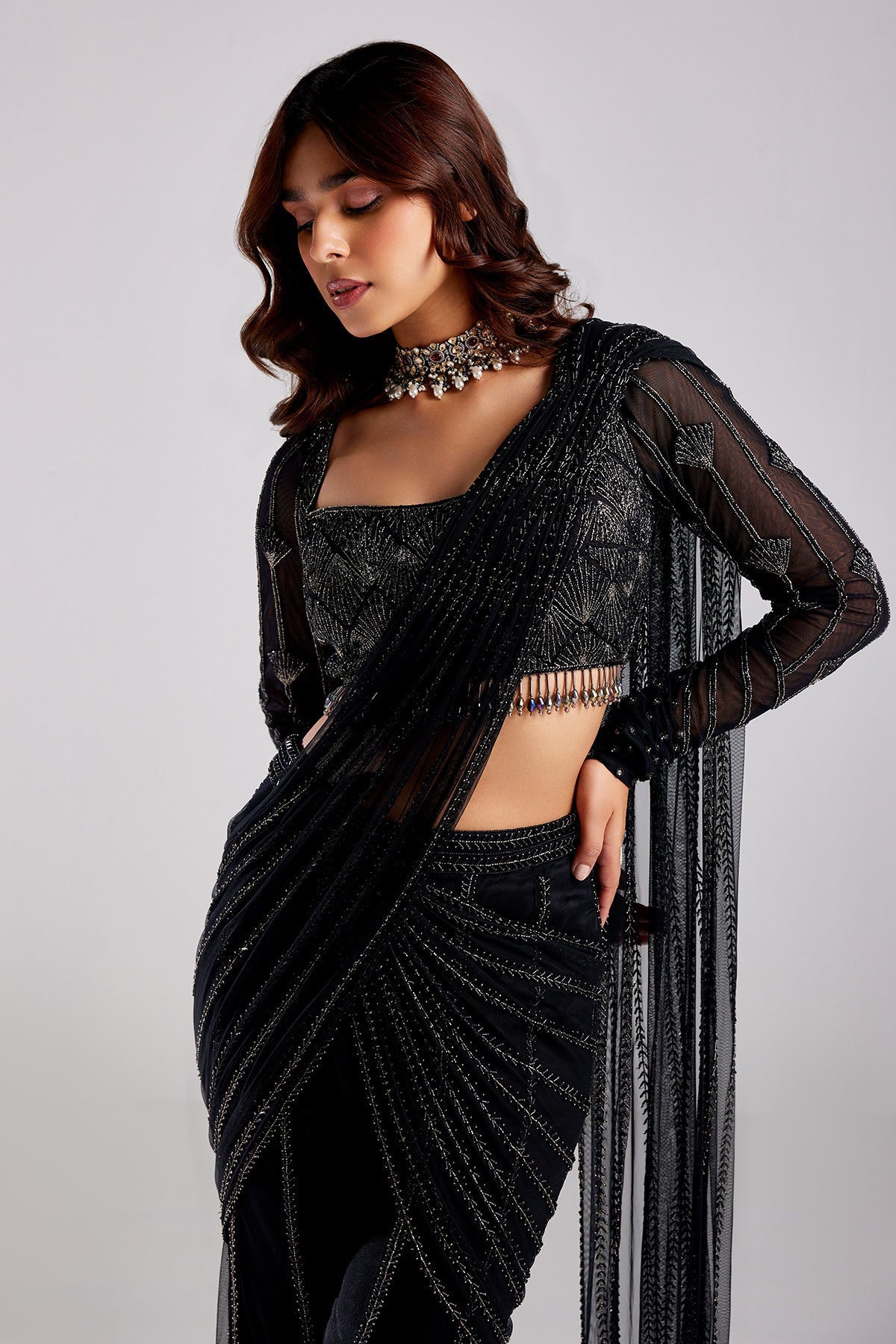 Black Embroidered Saree Set - RTS