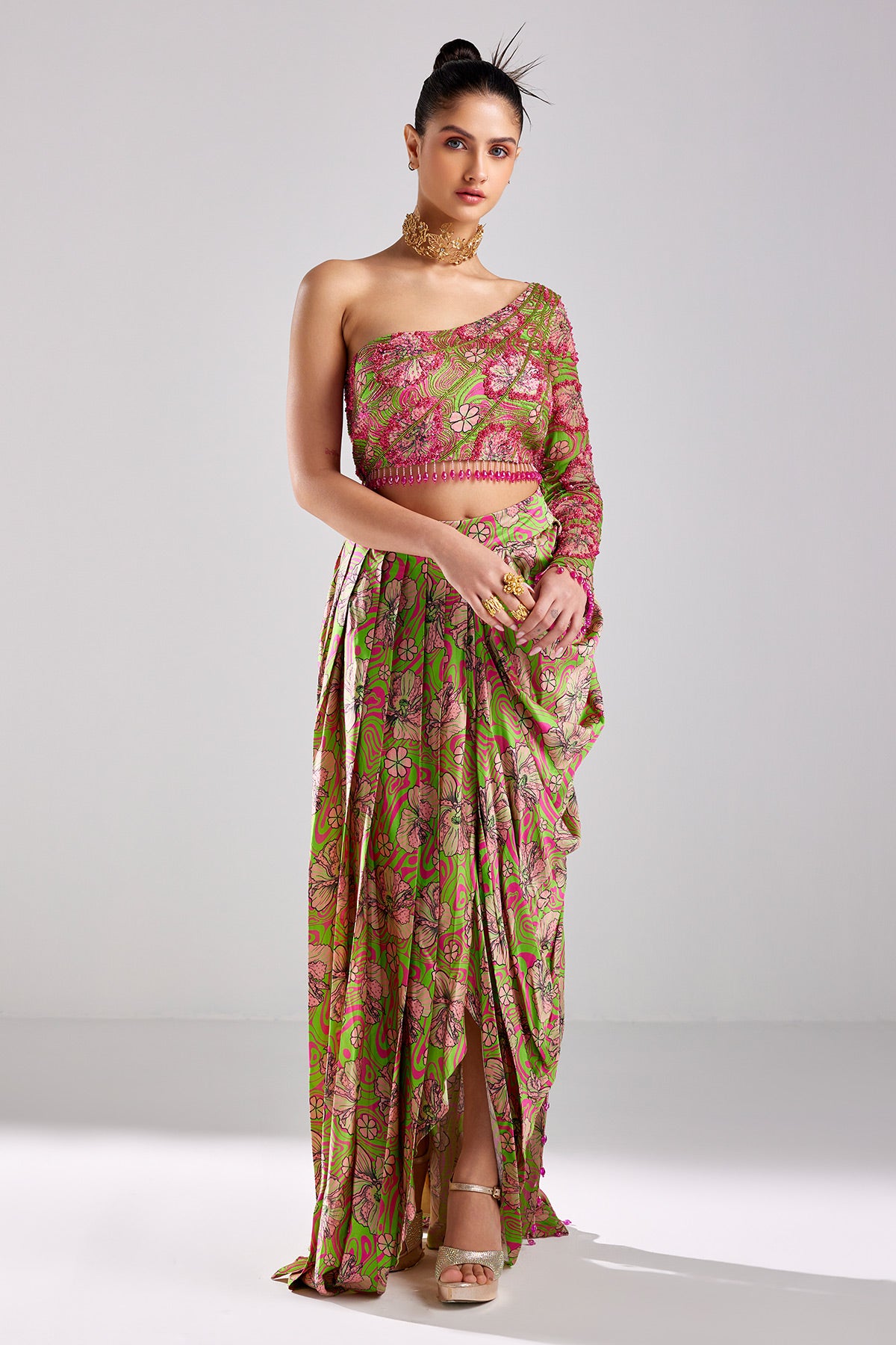 Neon Green Print & Emroidered Crop-top Skirt Set