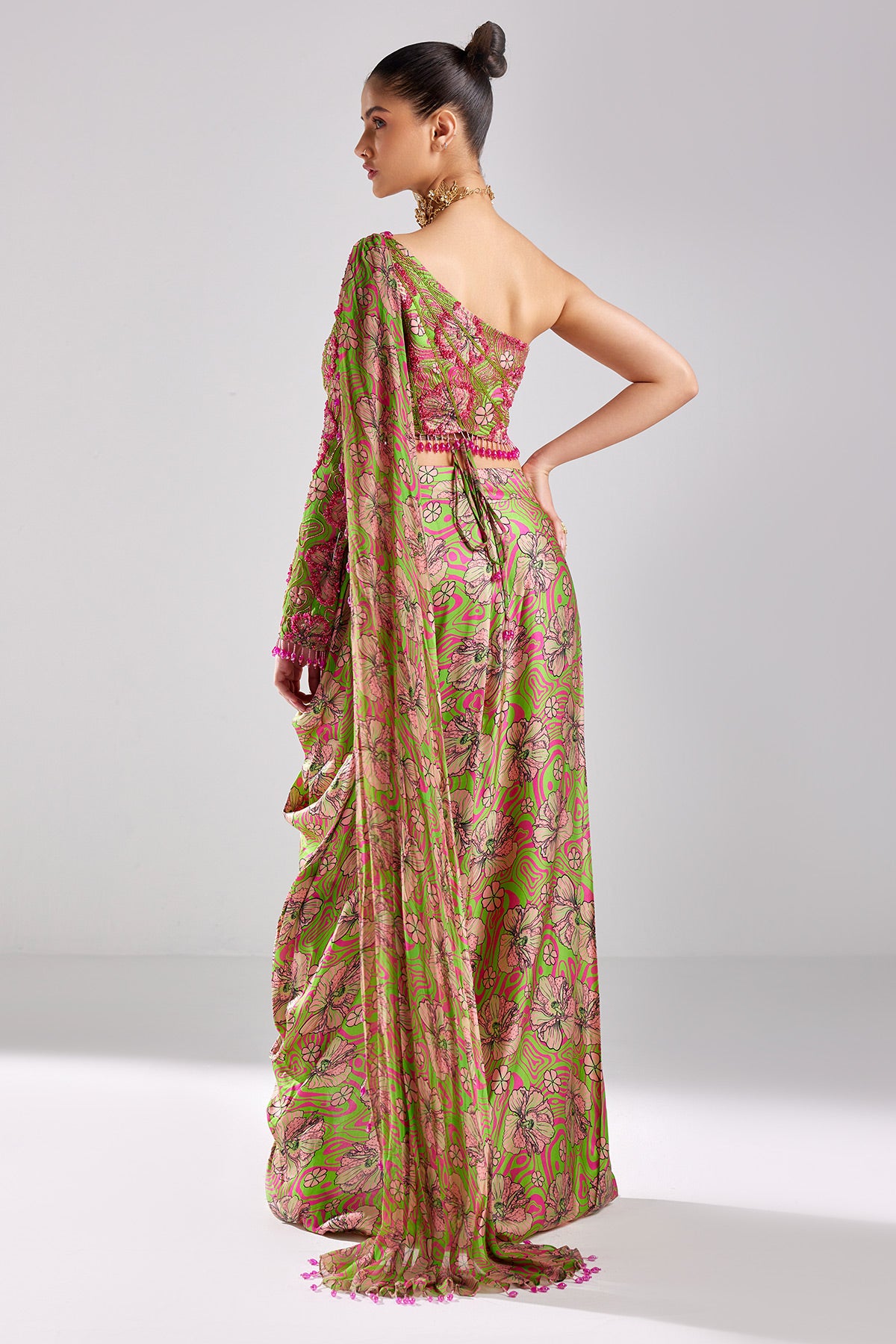 Neon Green Print & Emroidered Crop-top Skirt Set