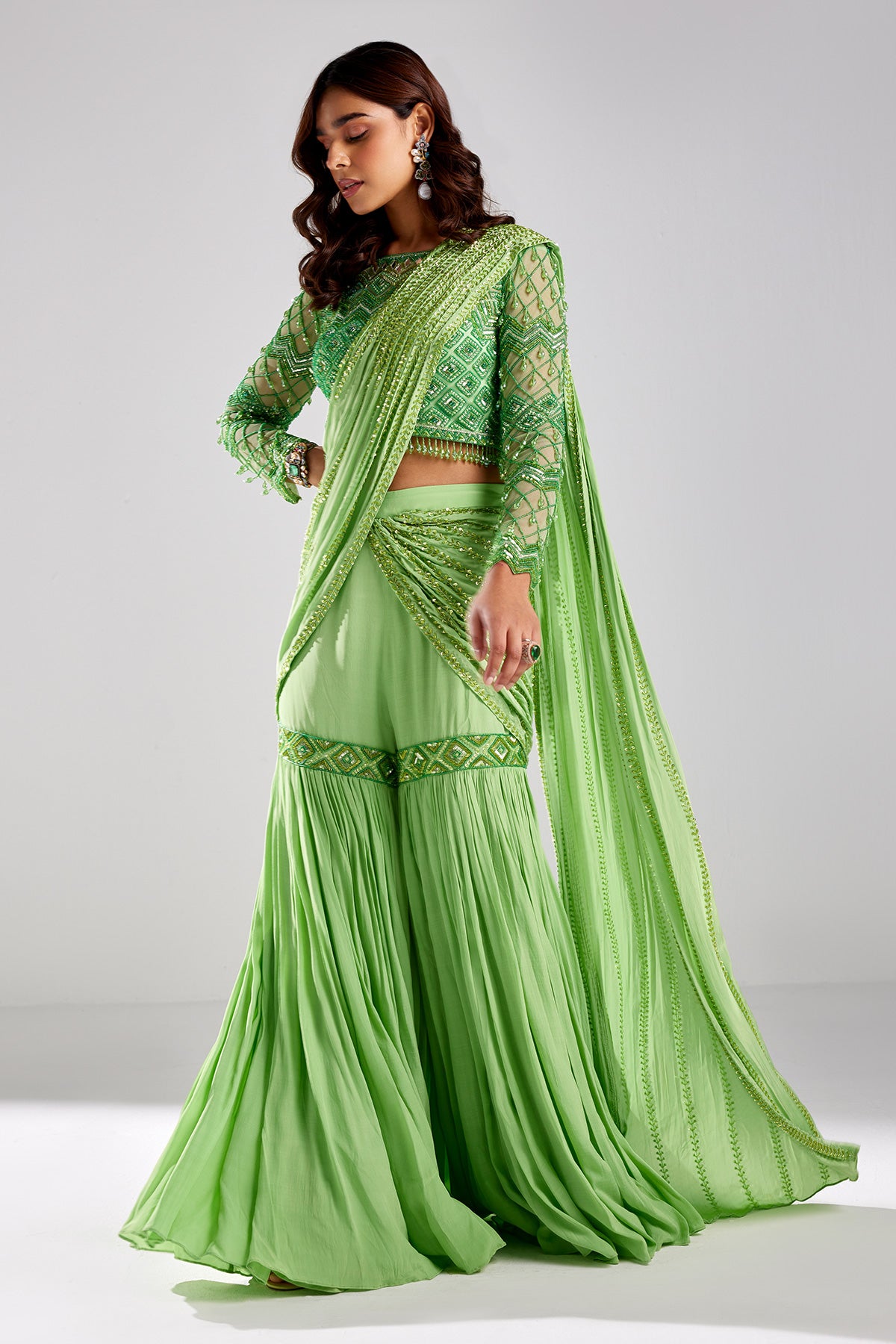 Mint Green Embroidered Saree Set