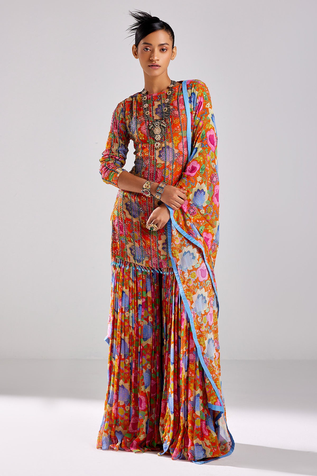 Rust Print & Embroidered Kurti Set