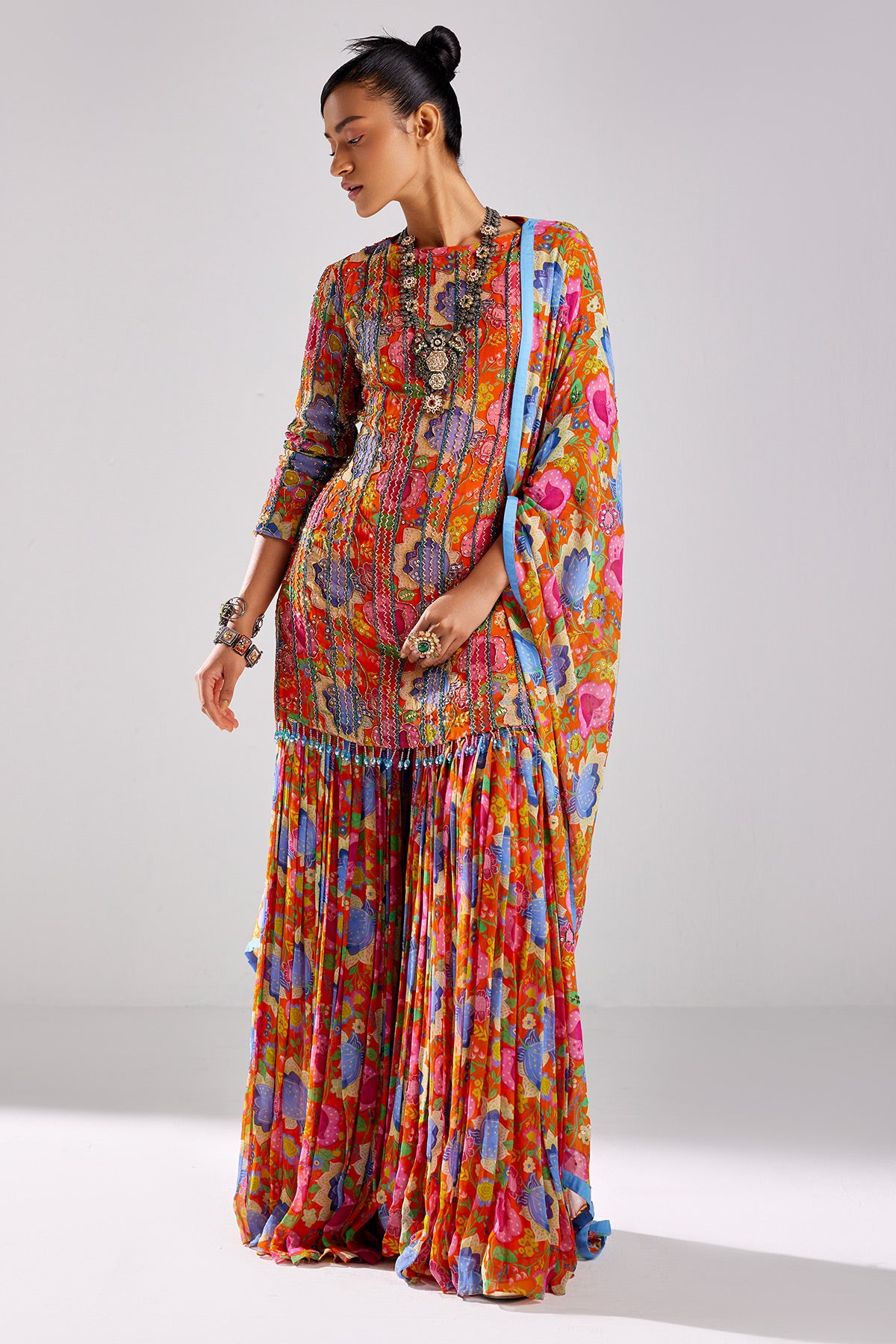 Rust Print & Embroidered Kurti Set