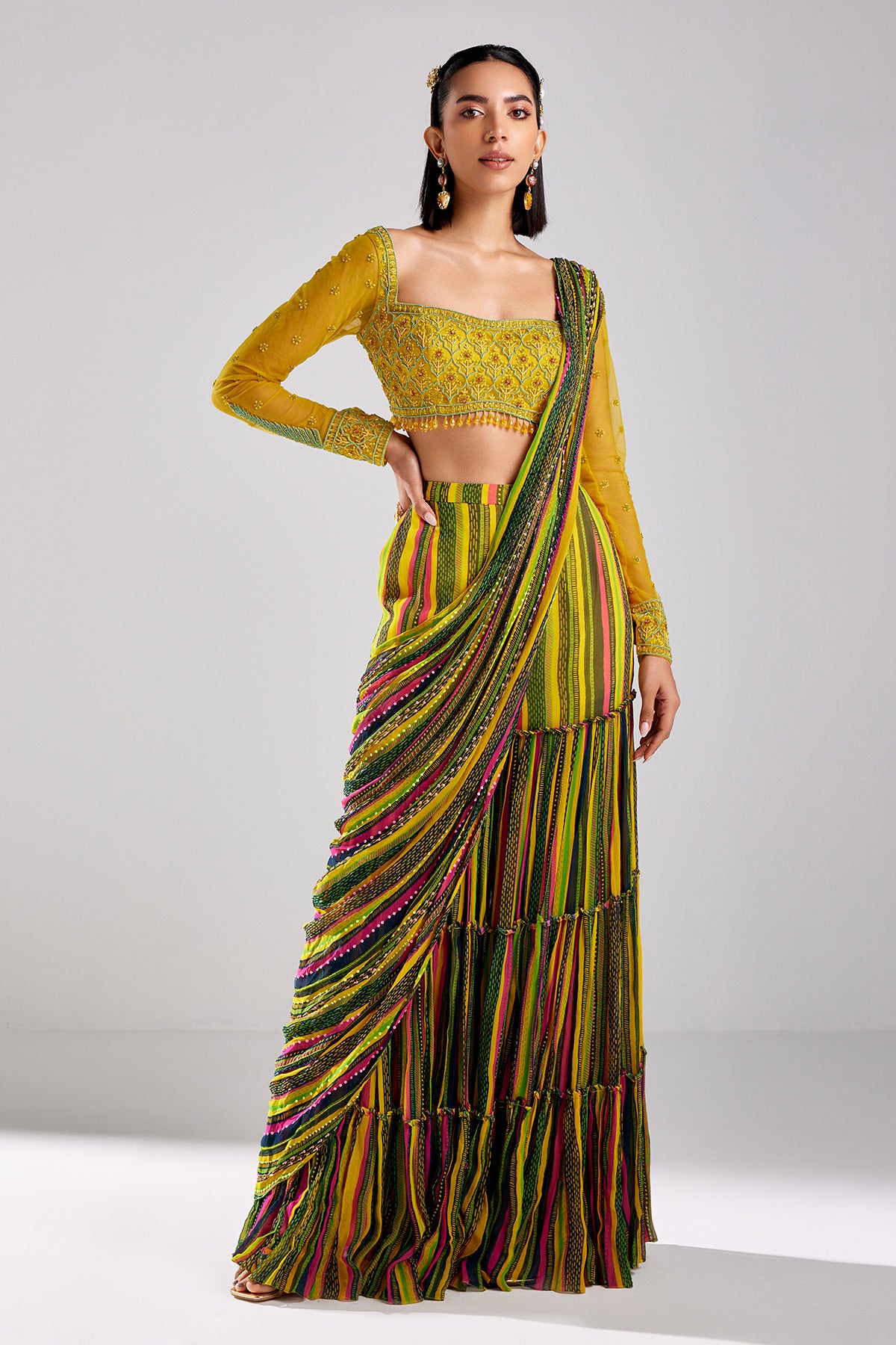 Blue Print & Embroidered Saree Set