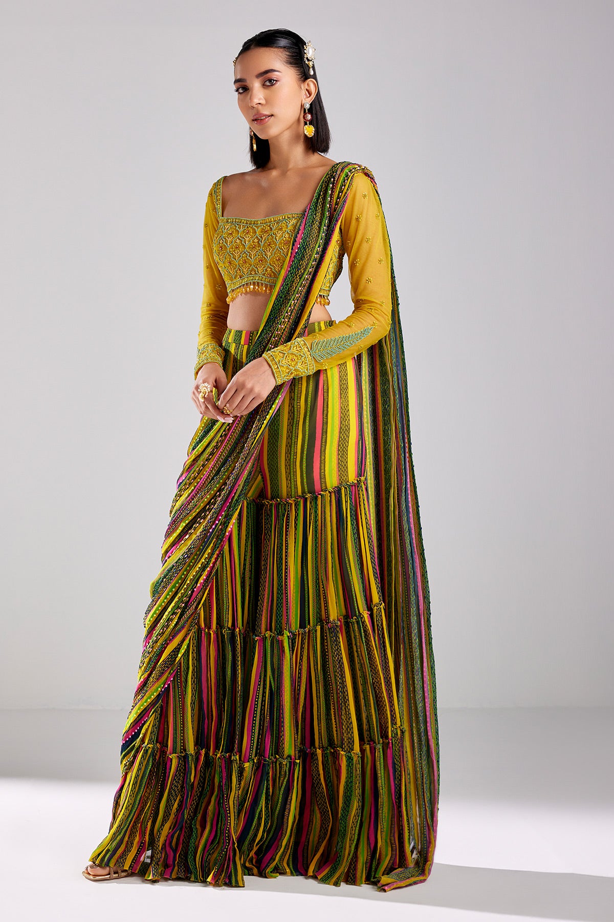 Blue Print & Embroidered Saree Set