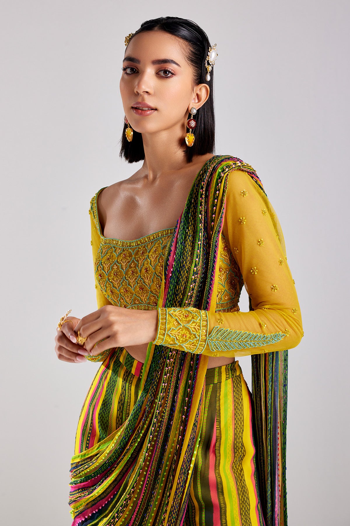 Blue Print & Embroidered Saree Set