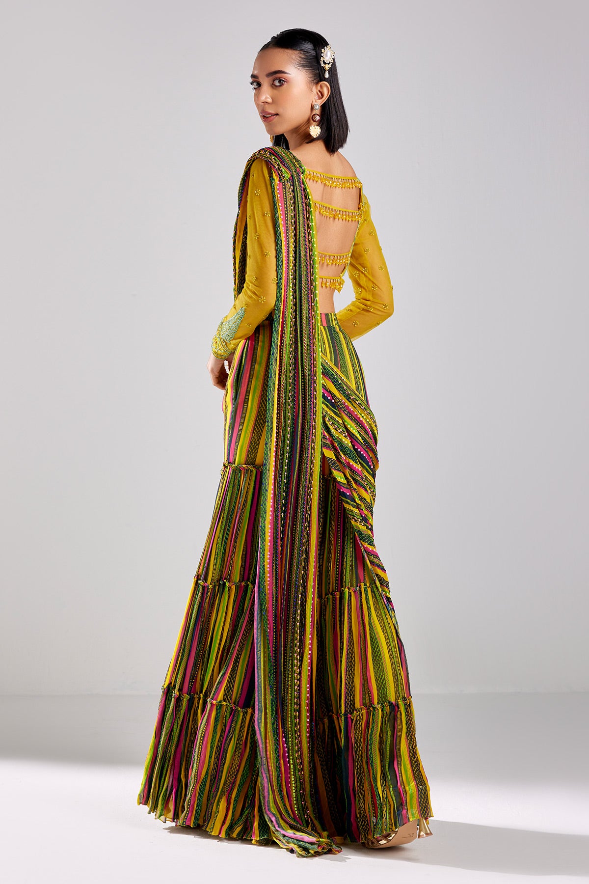 Blue Print & Embroidered Saree Set