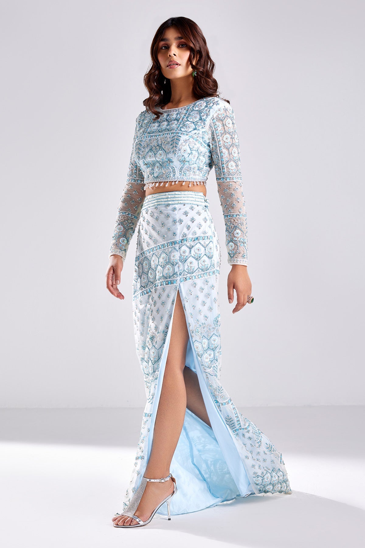 Powder Blue Embroidered Crop Top and Skirt Set - RTS