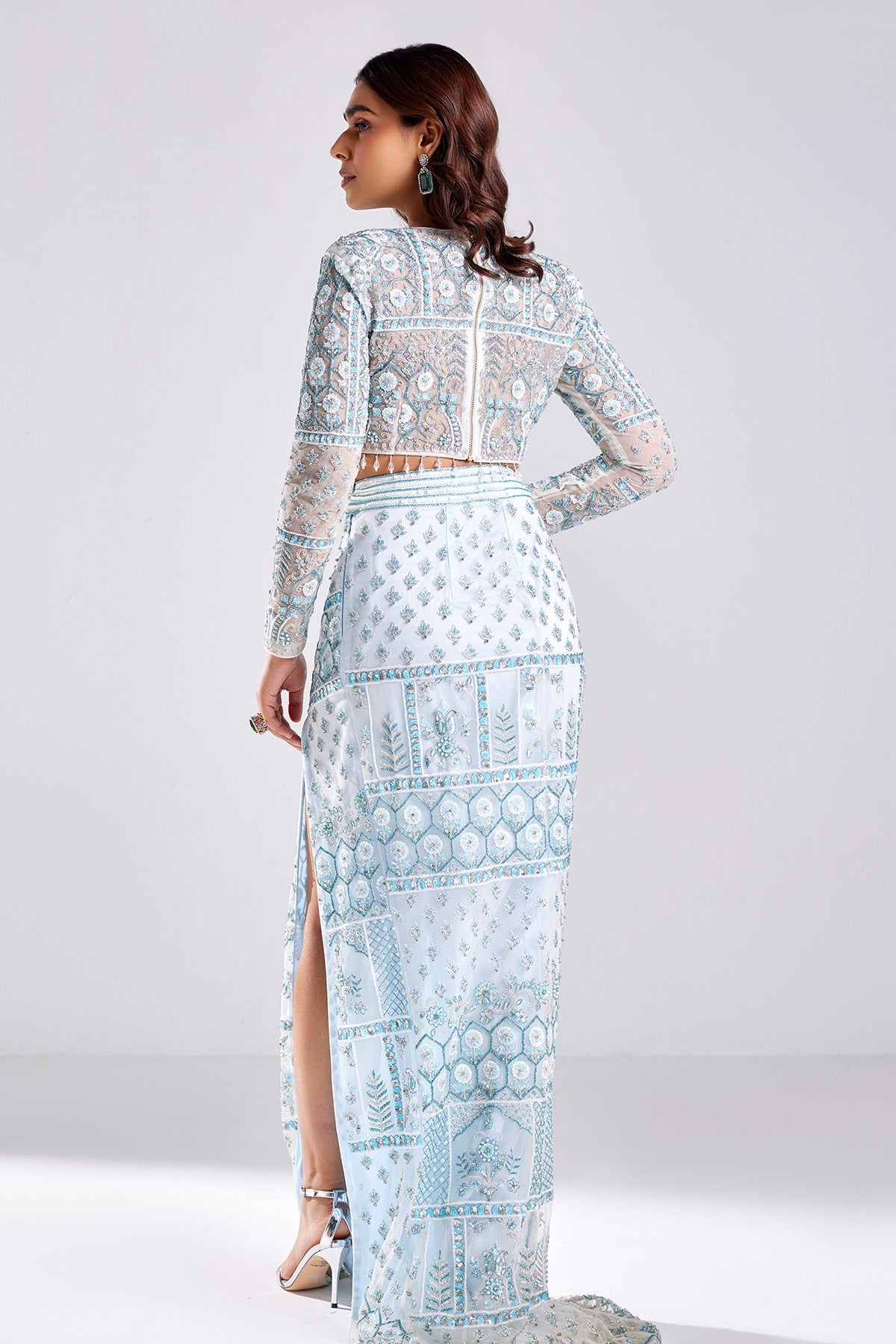 Powder Blue Embroidered Crop Top and Skirt Set - RTS