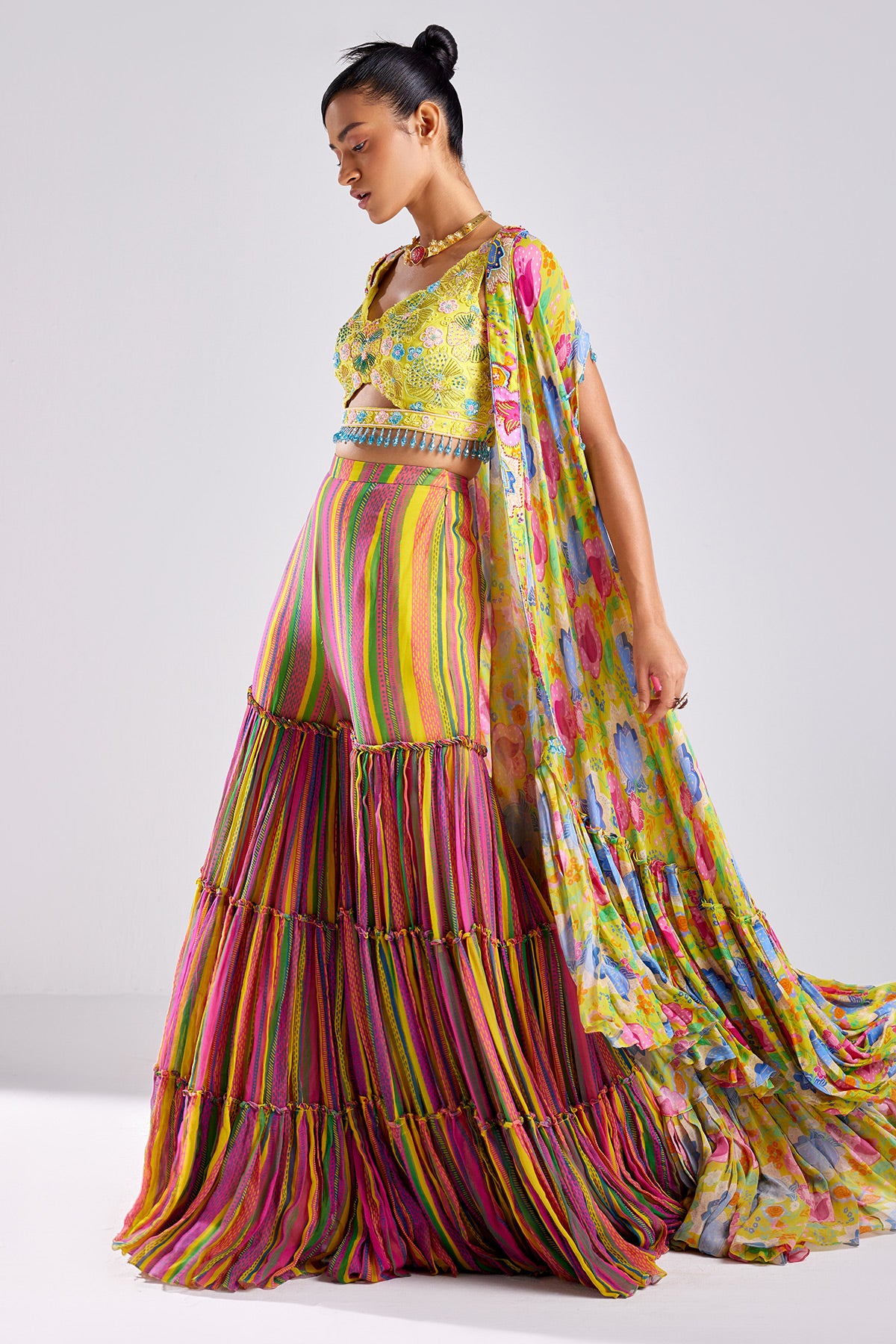 Yellow Print & Embroidered Cape Set