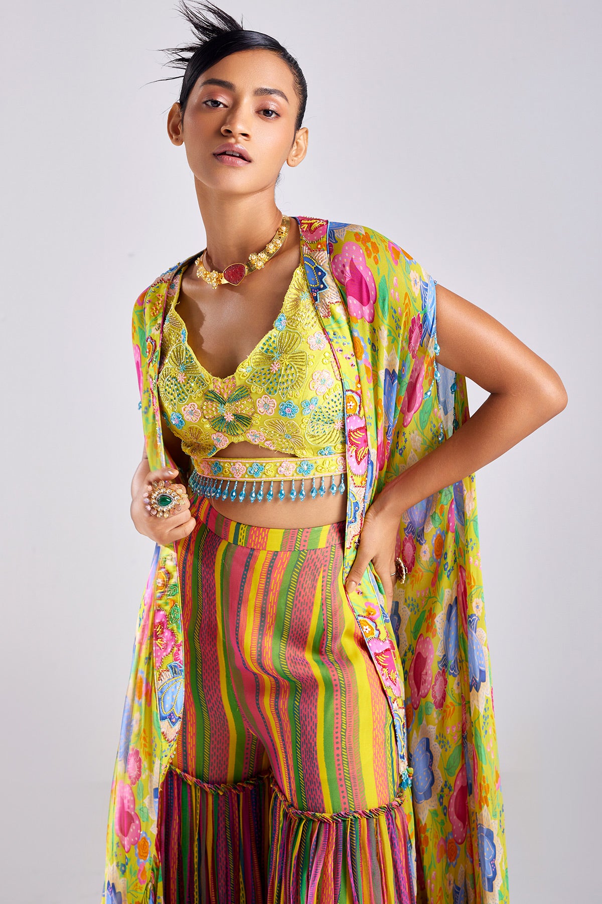 Yellow Print & Embroidered Cape Set