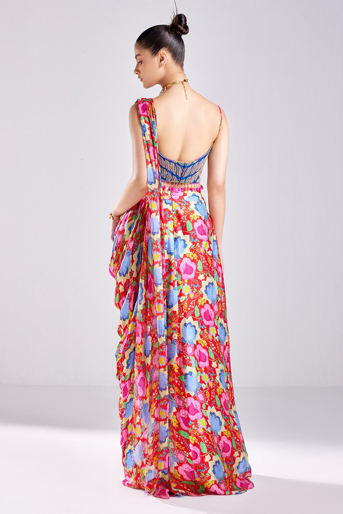 Red Print & Embroidered Asymetrical Crop Top Skirt Set