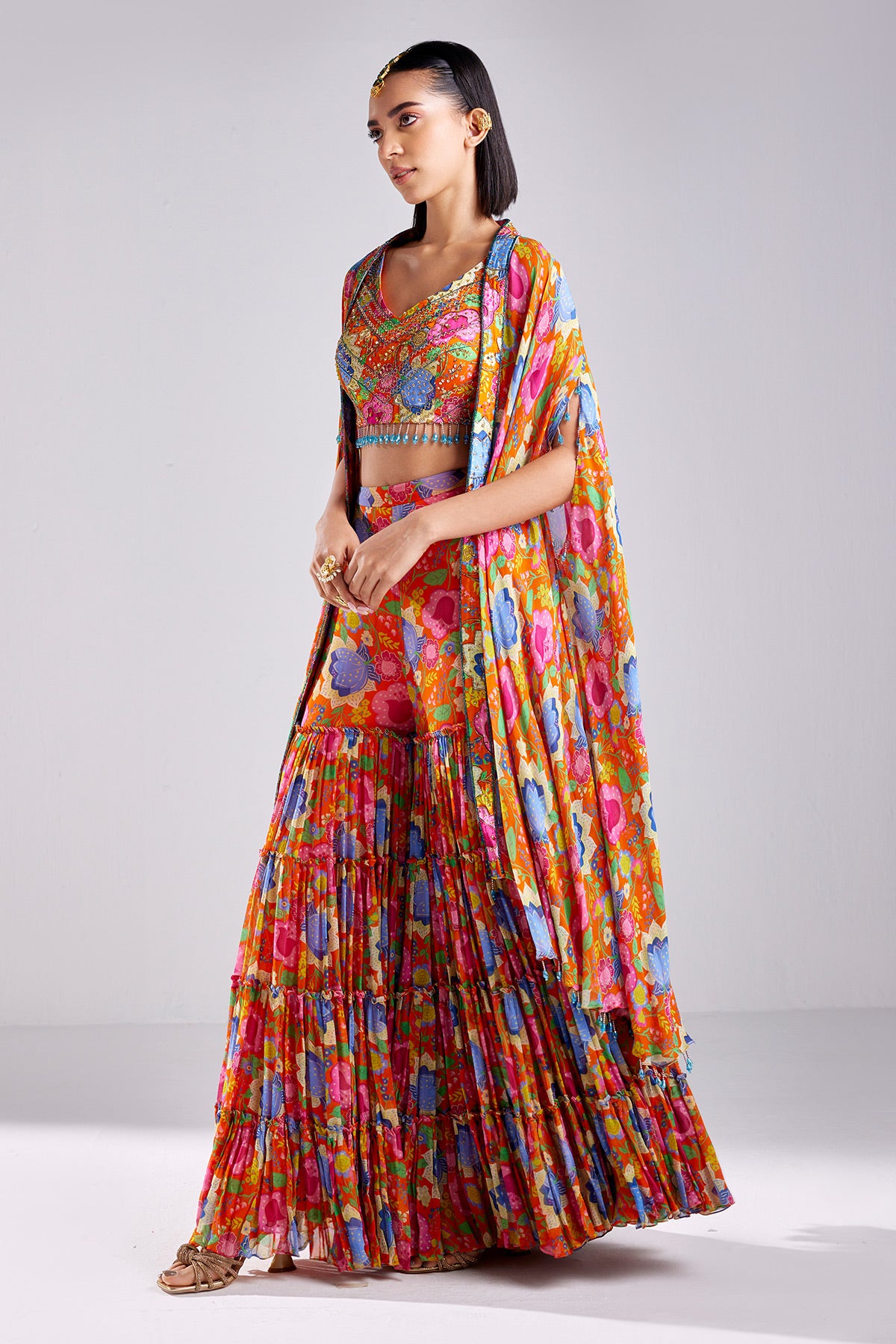 Rust Print & Embroidered Cape Set