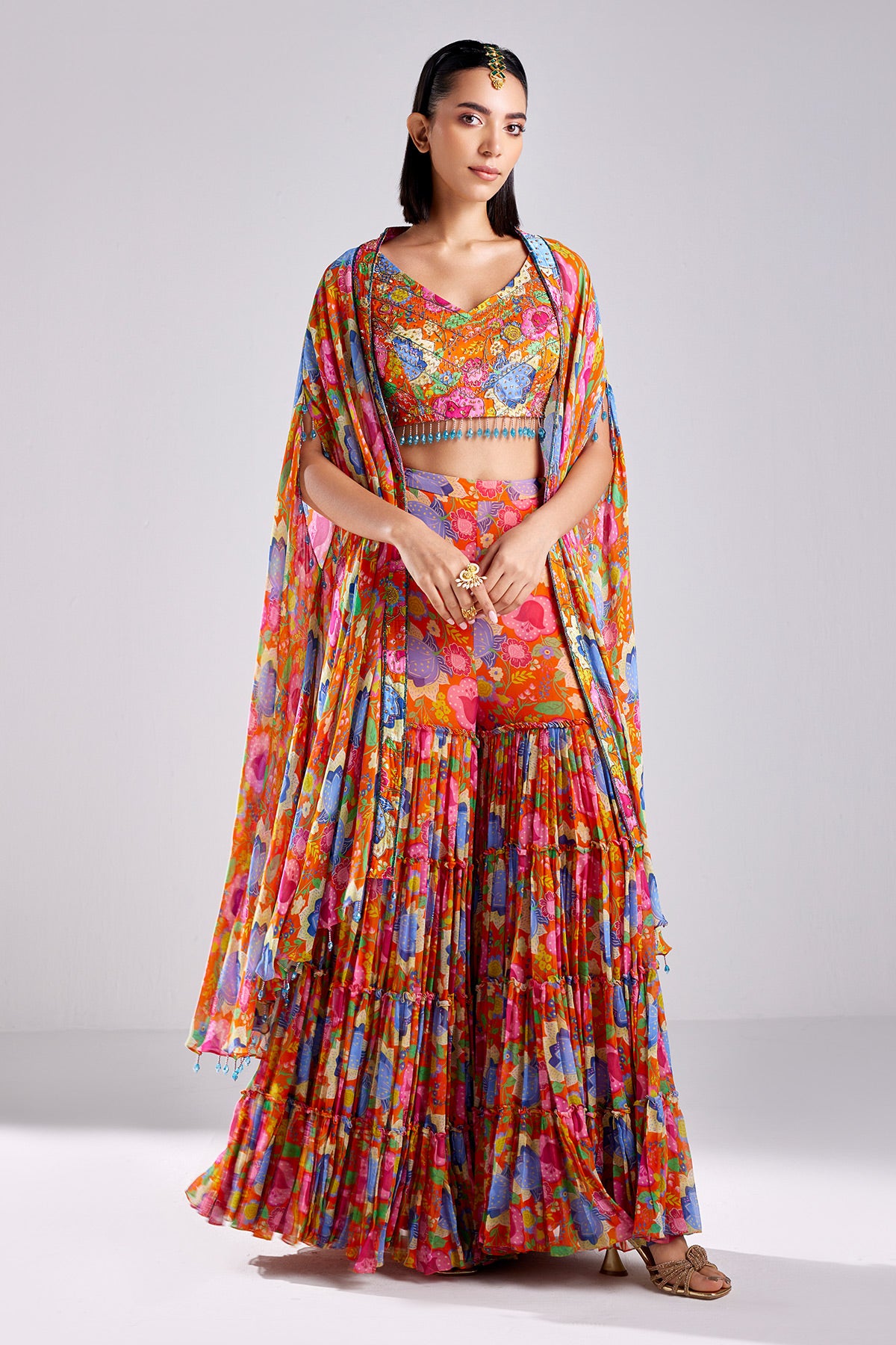 Rust Print & Embroidered Cape Set