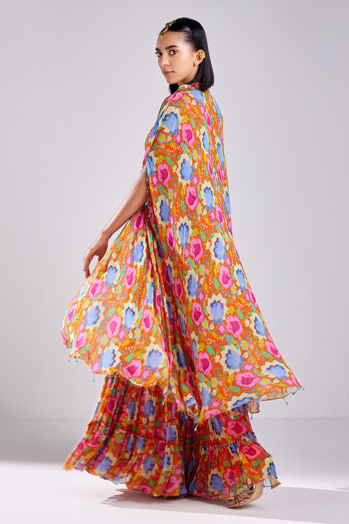 Rust Print & Embroidered Cape Set