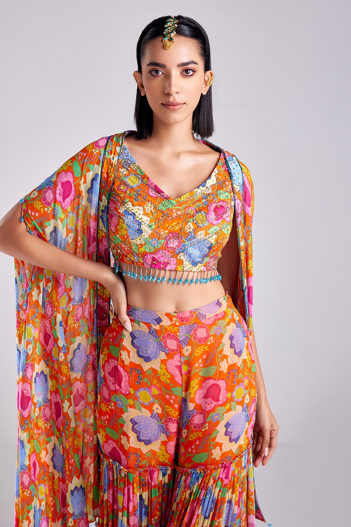 Rust Print & Embroidered Cape Set