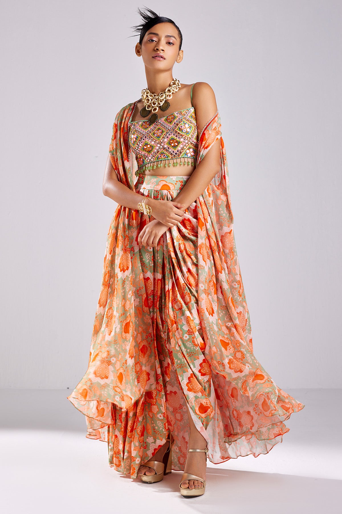 Mint Green Print & Highlighted Cape Set