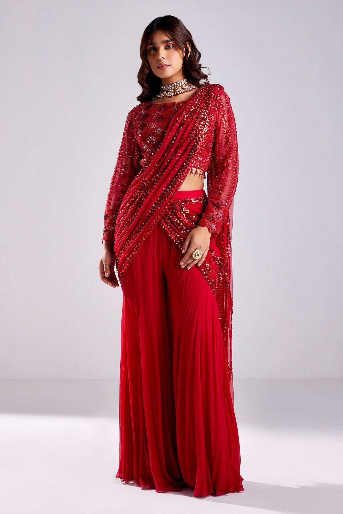 Crimson Red Embroidered Saree Set - RTS