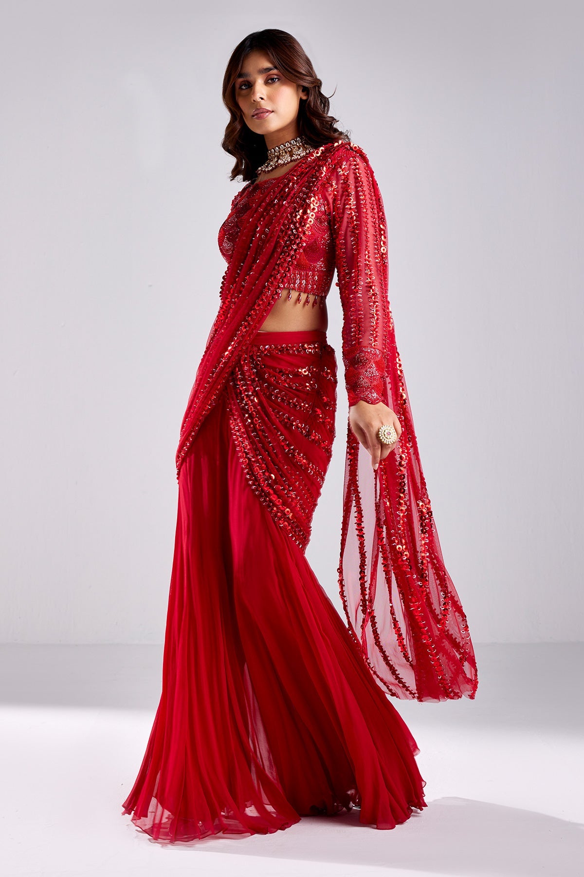 Crimson Red Embroidered Saree Set - RTS