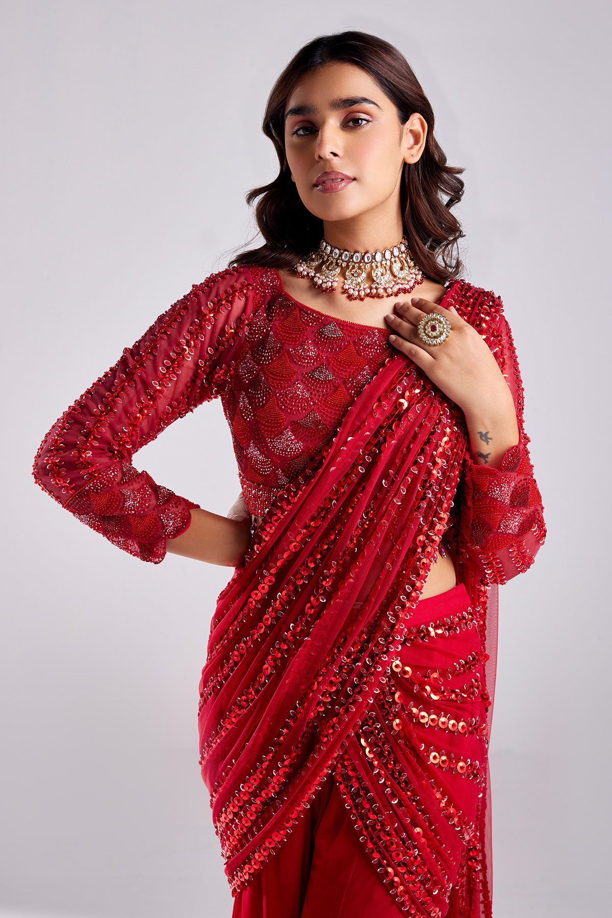 Crimson Red Embroidered Saree Set - RTS