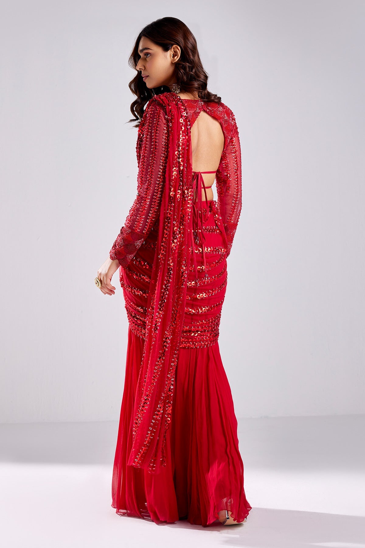 Crimson Red Embroidered Saree Set - RTS